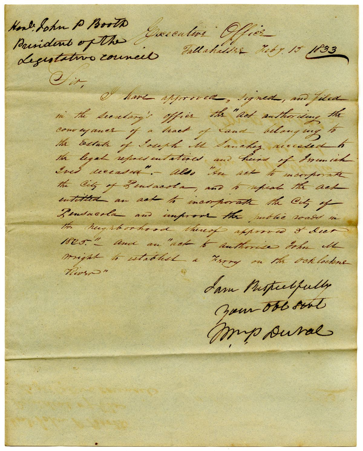 Letter from William Pope Duval to the President of the Territorial Legislative Council Approving Three Bills, 1833