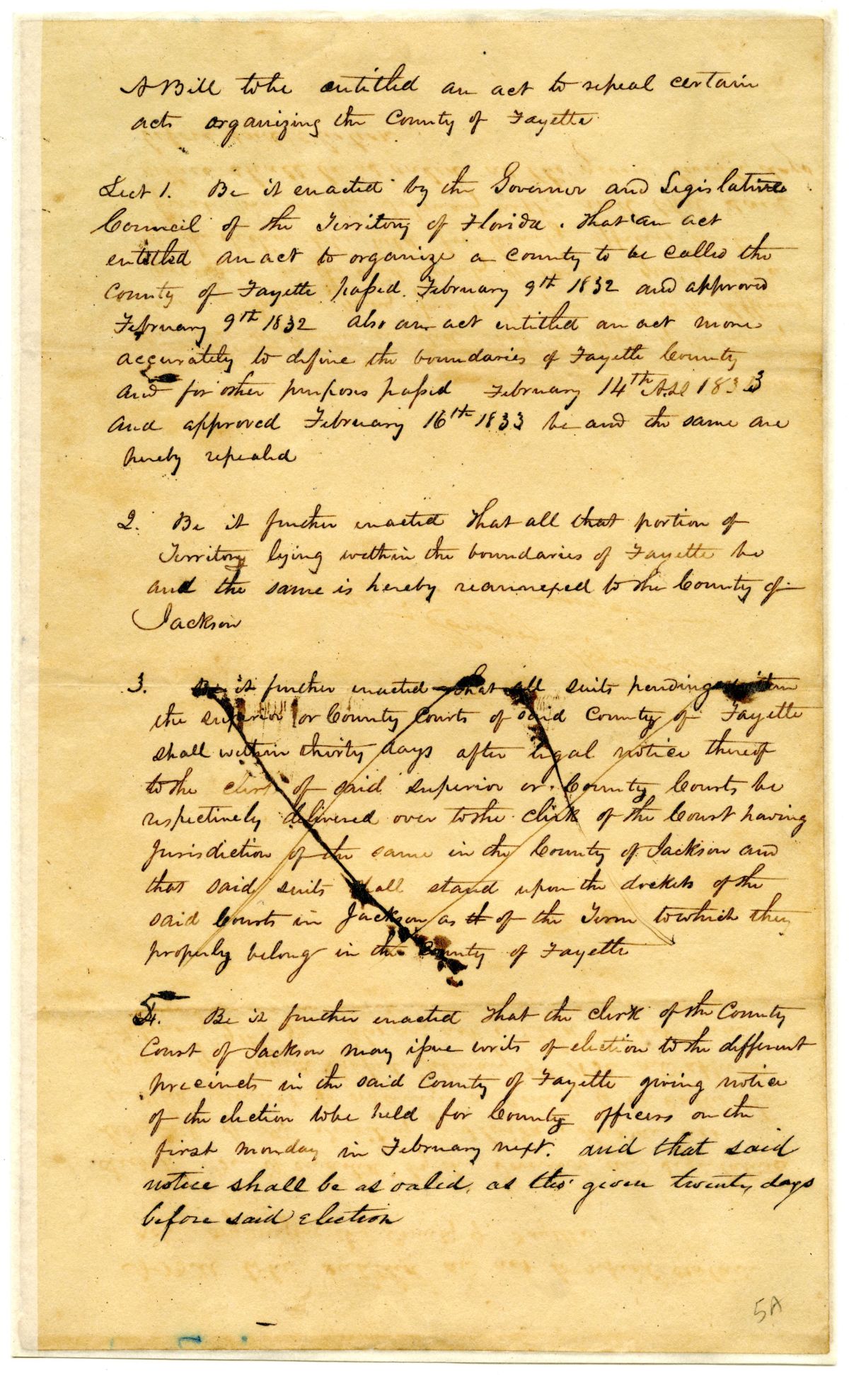 Draft of an Act to Repeal Certain Acts Organizing the County of Fayette, 1834