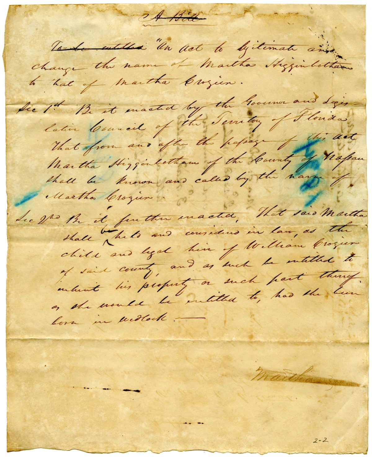 Draft of an Act to Change the Name of Martha Higginbotham to Martha Crozier, 1834