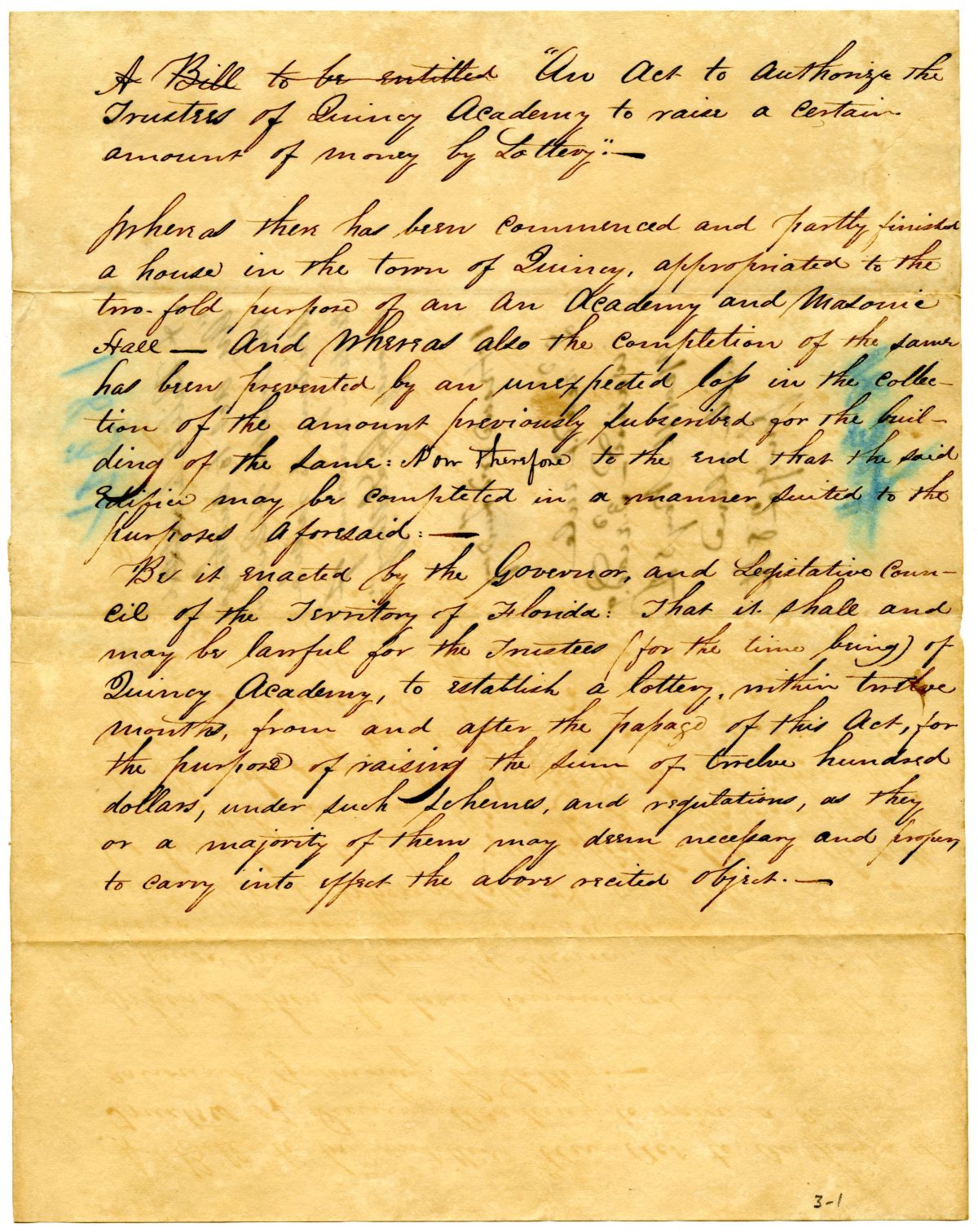 Draft of an Act to Authorize the Trustees of Quincy Academy to Raise Money by Lottery, 1834