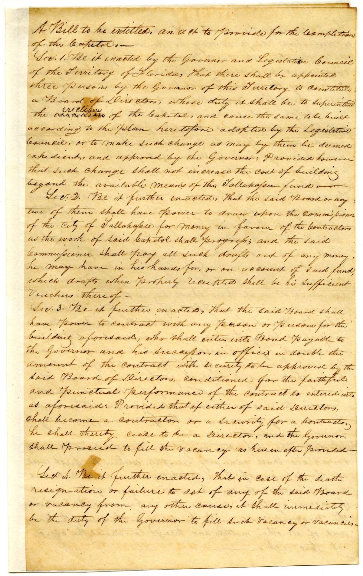 Draft of an Act to Provide for the Completion of the Capitol, 1834