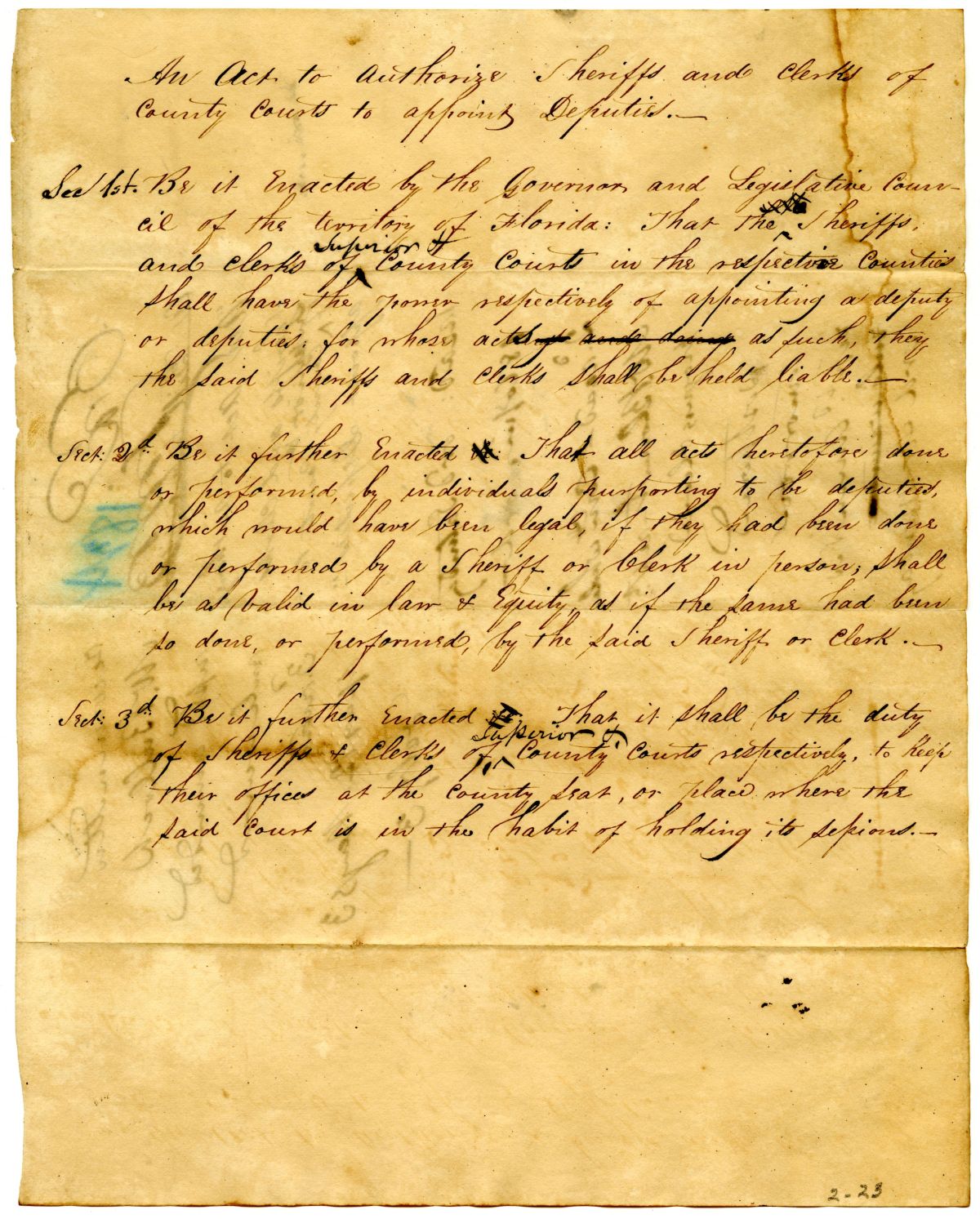 Draft of an Act to Allow Sheriffs and Clerks of County Courts to Appoint Deputies, 1834