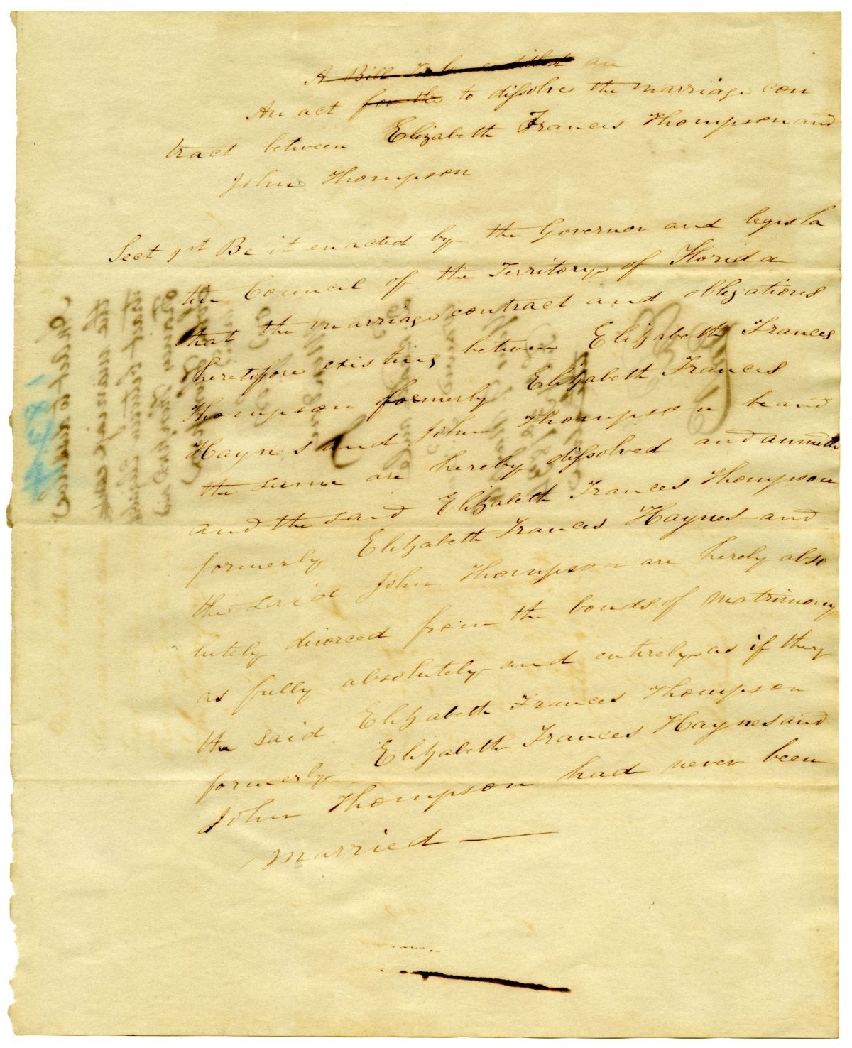 Draft of an Act to Dissolve the Marriage Contract Between Elizabeth and John Thompson, 1834