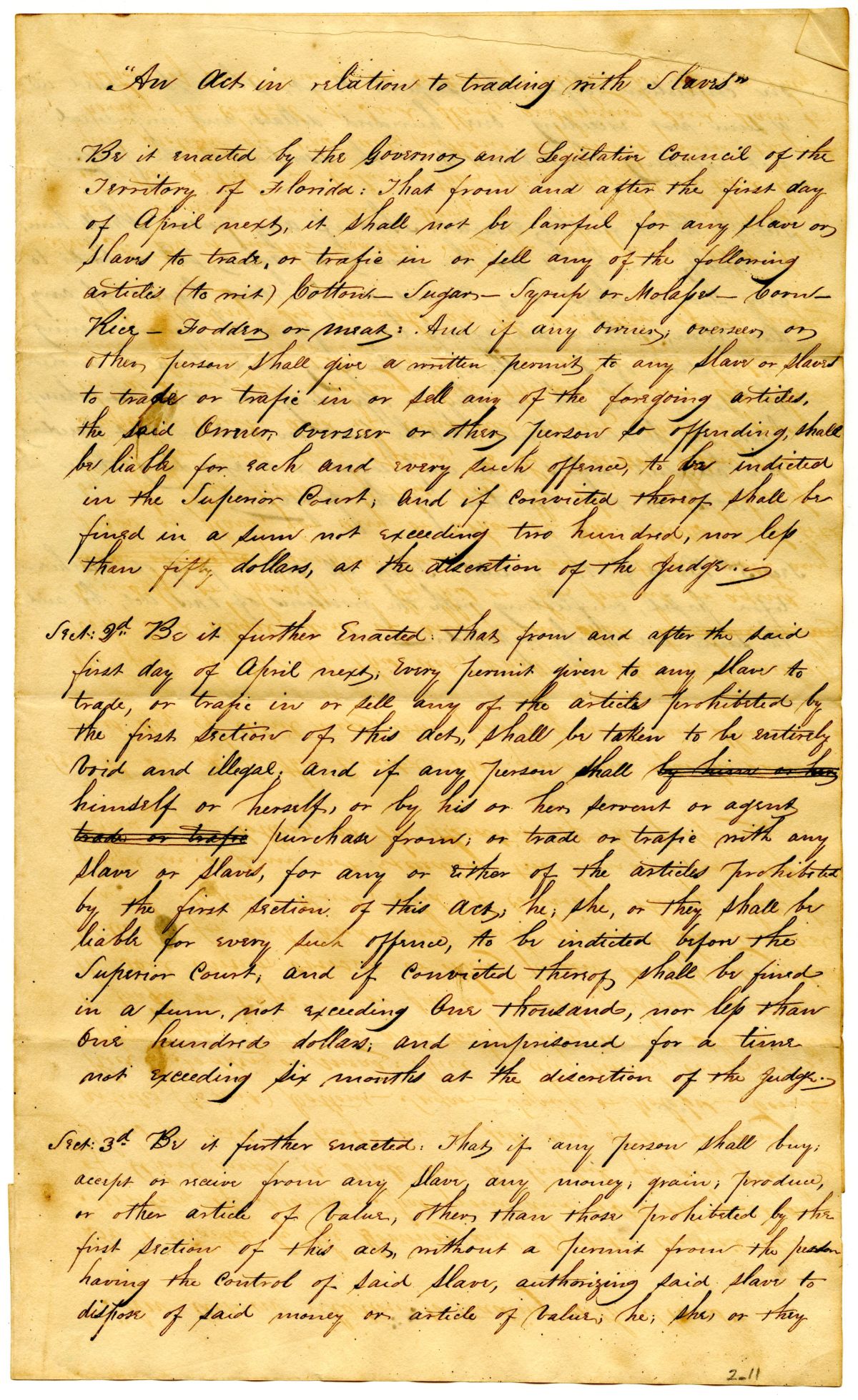 Draft of an Act in Relation to Trading with Enslaved Persons, 1834