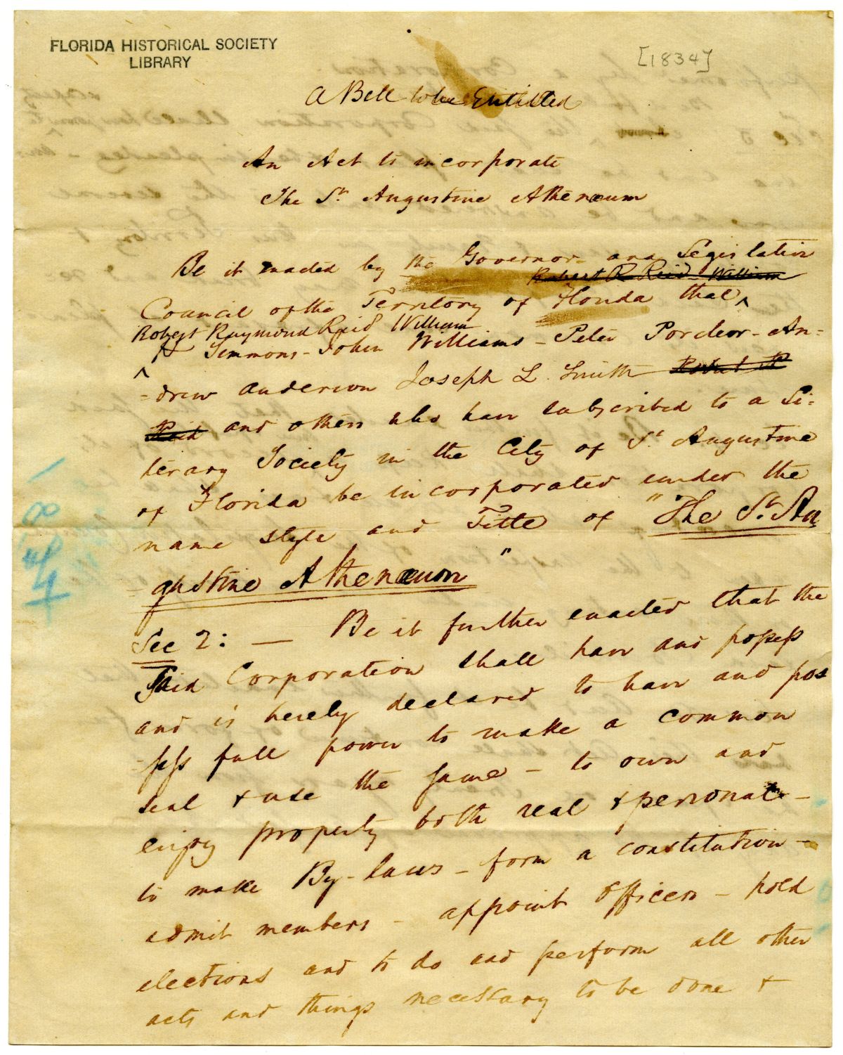 Draft of an Act to Incorporate the Saint Augustine Athenaeum, 1834