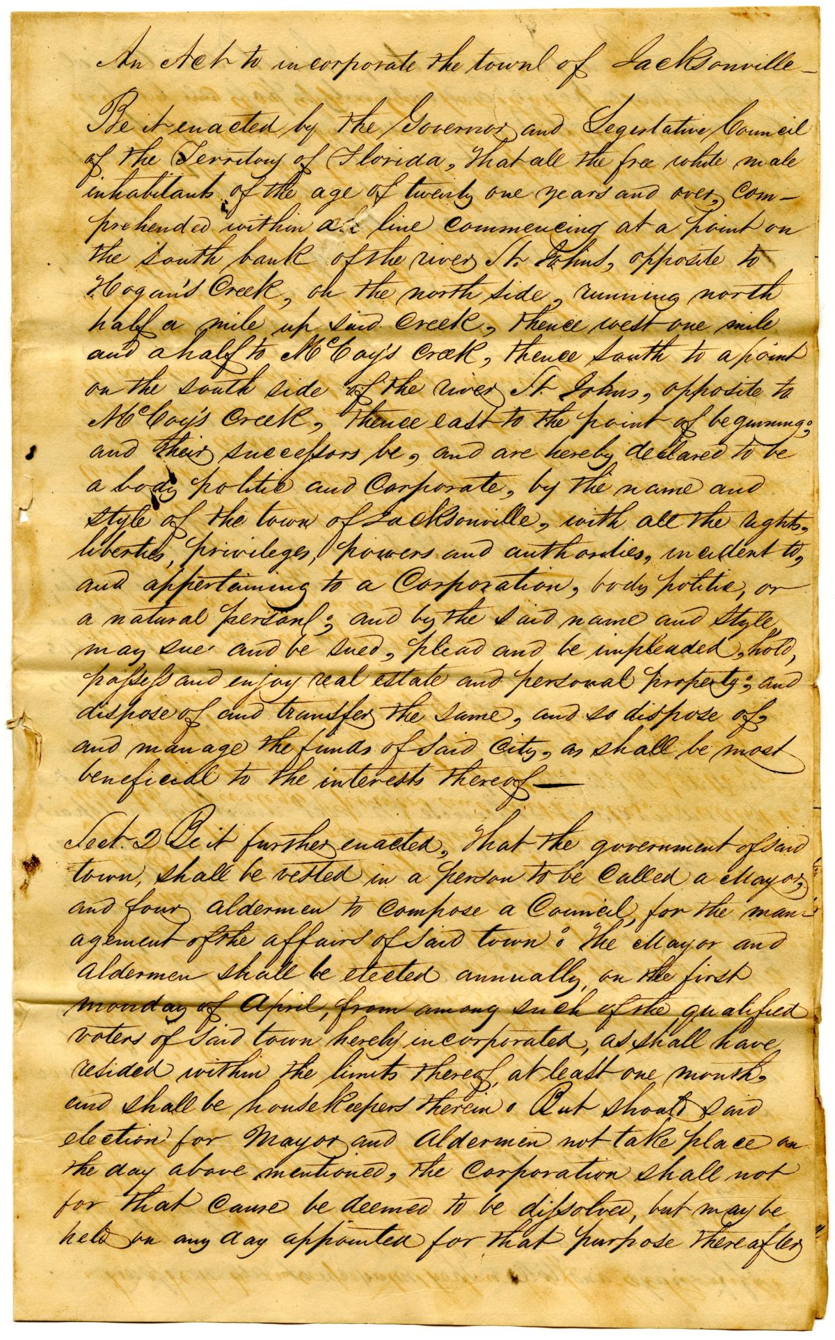 Draft of an Act to Incorporate the Town of Jacksonville, 1834