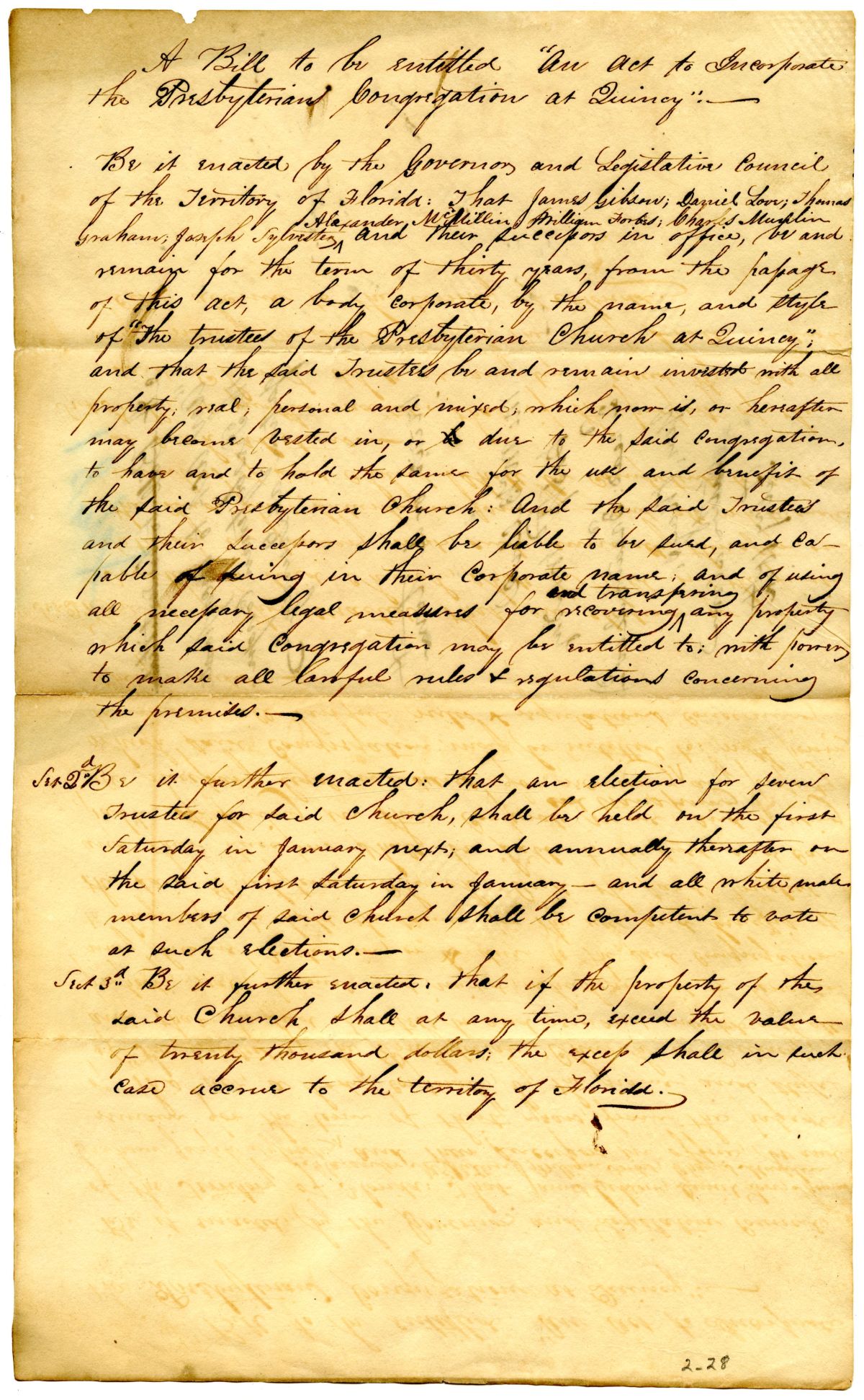 Draft of an Act to Incorporate the Presbyterian Congregation at Quincy, 1834