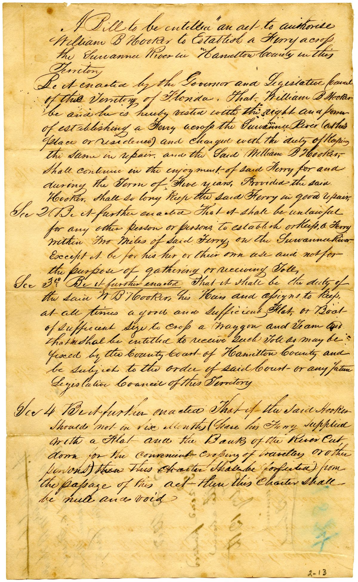 Draft of an Act to Authorize William B. Hooker to Establish a Ferry Across the Suwannee River, 1834