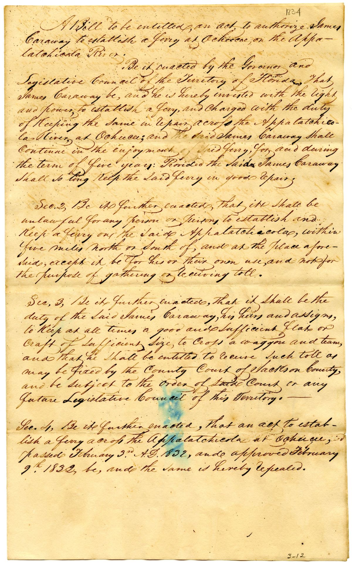 Draft of an Act Authorizing James Caraway to Establish a Ferry at Ocheesee, 1834