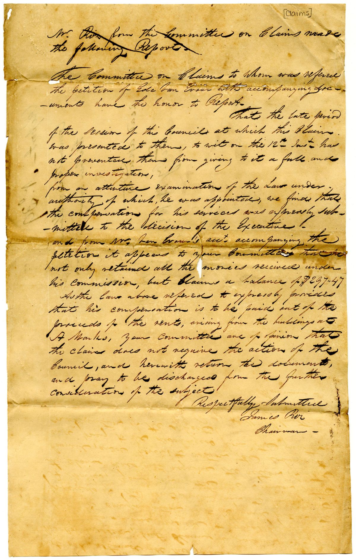 Report of the Committee on Claims Concerning the Claim of Ede Van Evons with a Letter from Van Evons, 1834