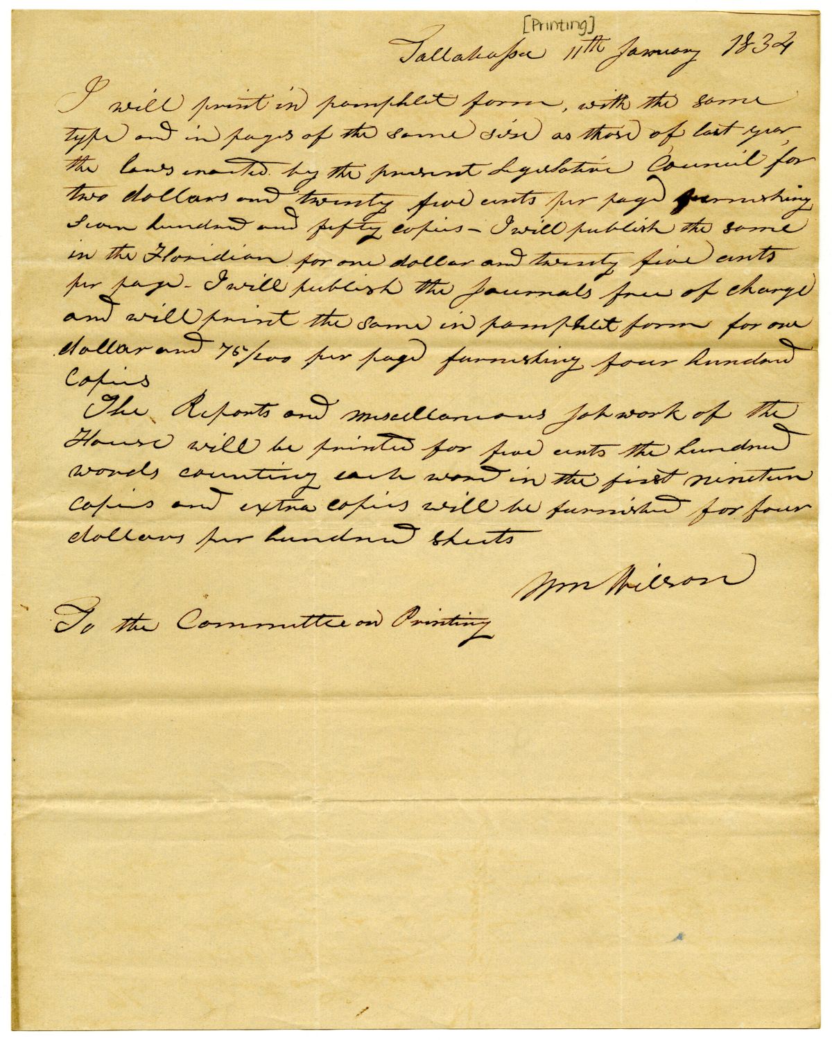 Letter from Printer William Wilson to the Committee on Printing, 1834