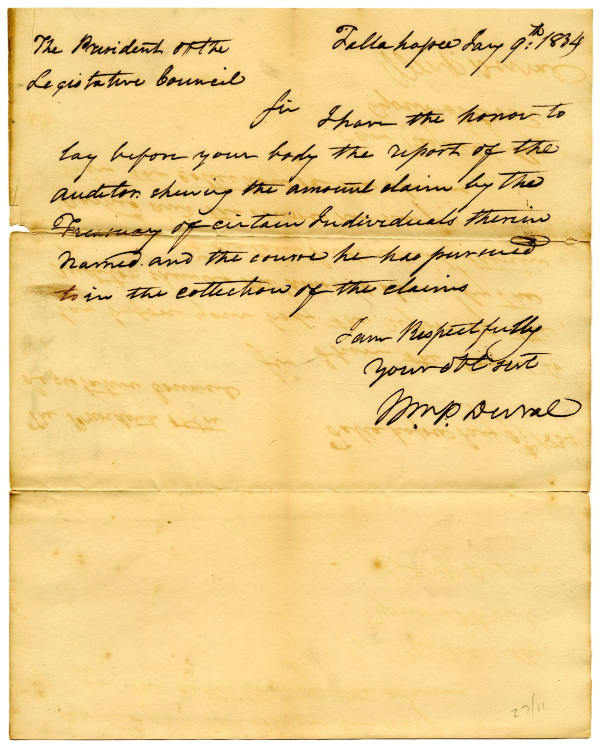 Letter from Governor William Pope Duval to the President of the Territorial Legislative Council Concerning an Auditor's Report, 1834