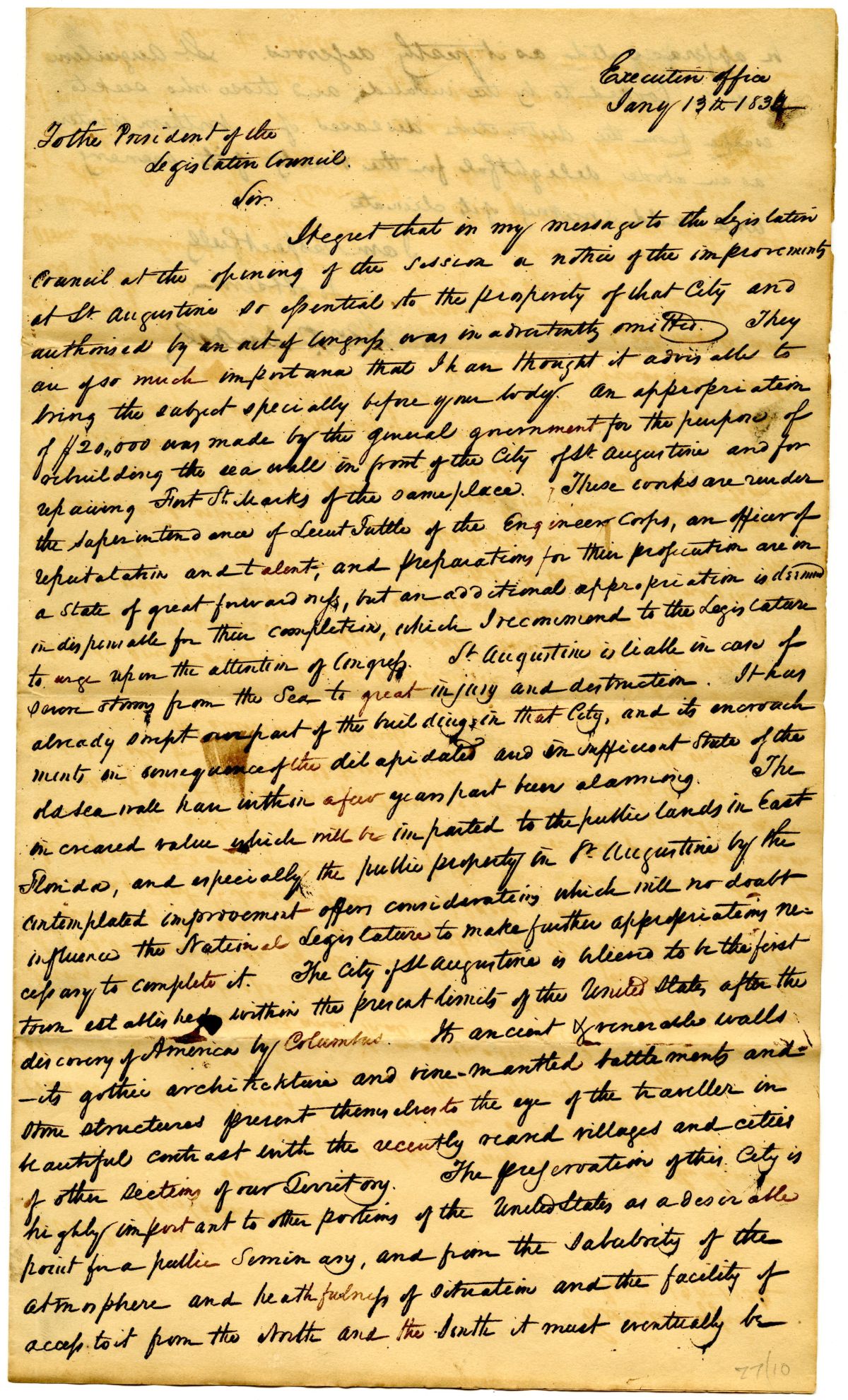 Letter from Governor William Pope Duval to the President of the Territorial Legislative Council Concerning Appropriations for Saint Augustine, 1834