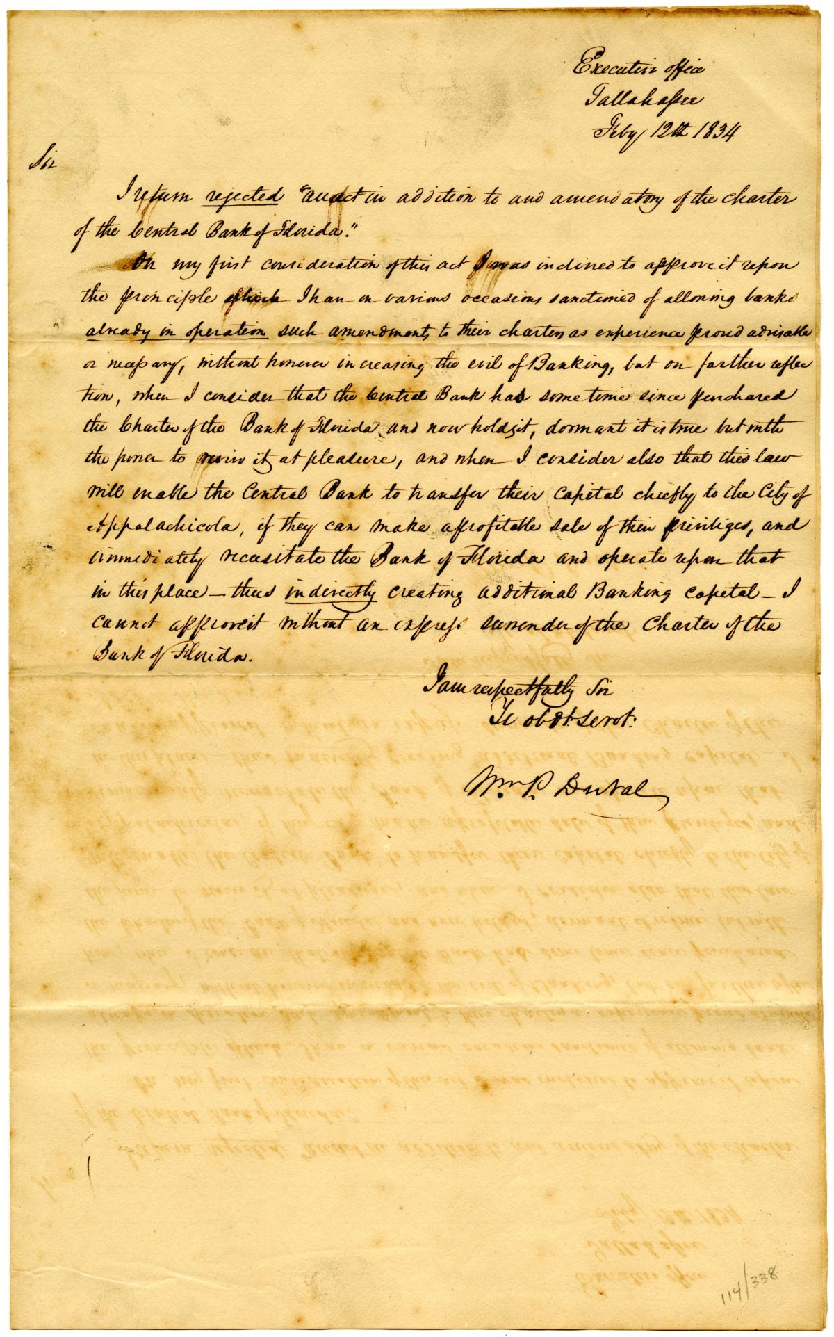 Letter from Governor William Pope Duval to the President of the Territorial Legislative Council Rejecting a Bill Amending a Bank Charter, 1834