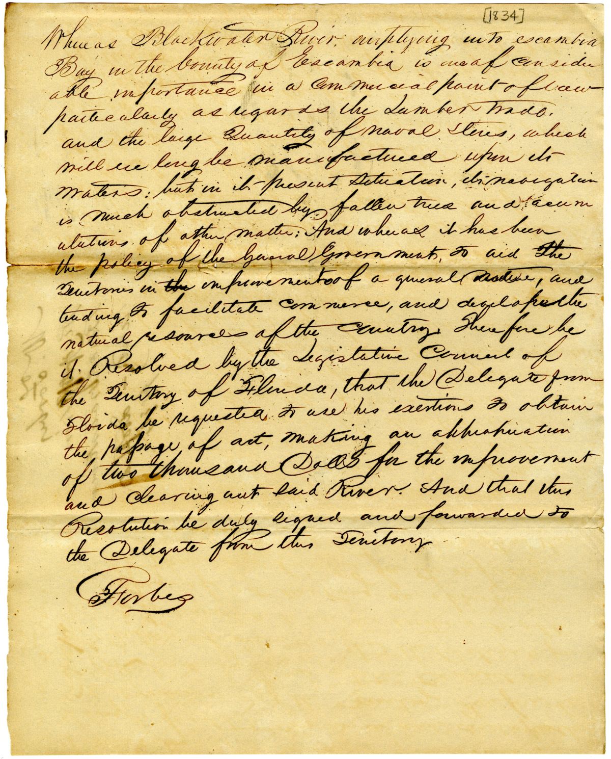 Resolution to the Florida Delegate in Congress Concerning Appropriations to Clear Obstructions from Blackwater River, 1834