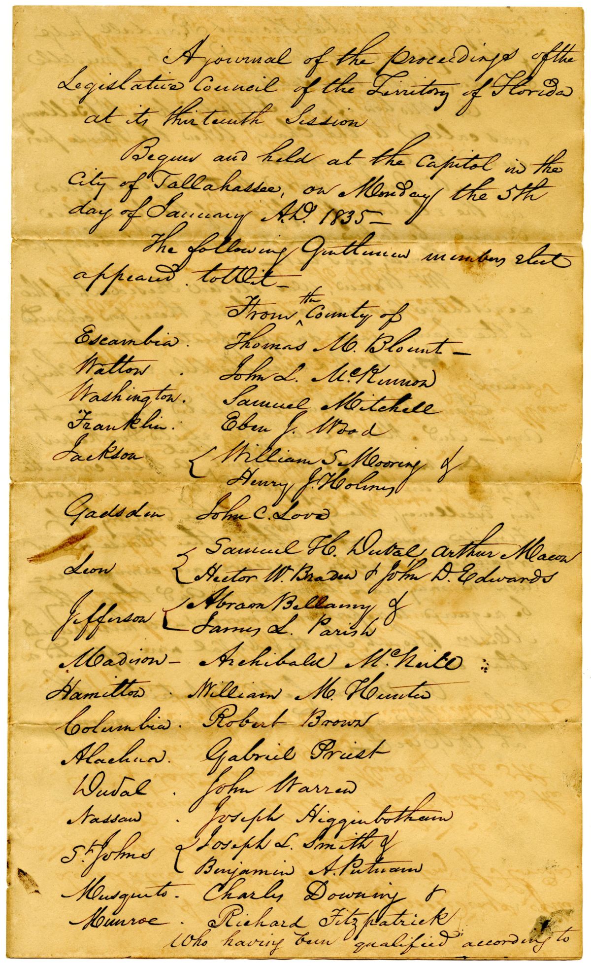 Journal of the Florida Territorial Legislative Council, January 5 - February 10, 1835