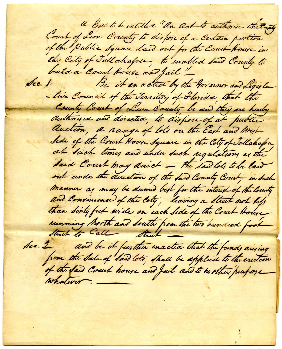 Draft of an Act to Authorize the County of Court of Leon County to Sell a Portion of the Public Square, circa 1835