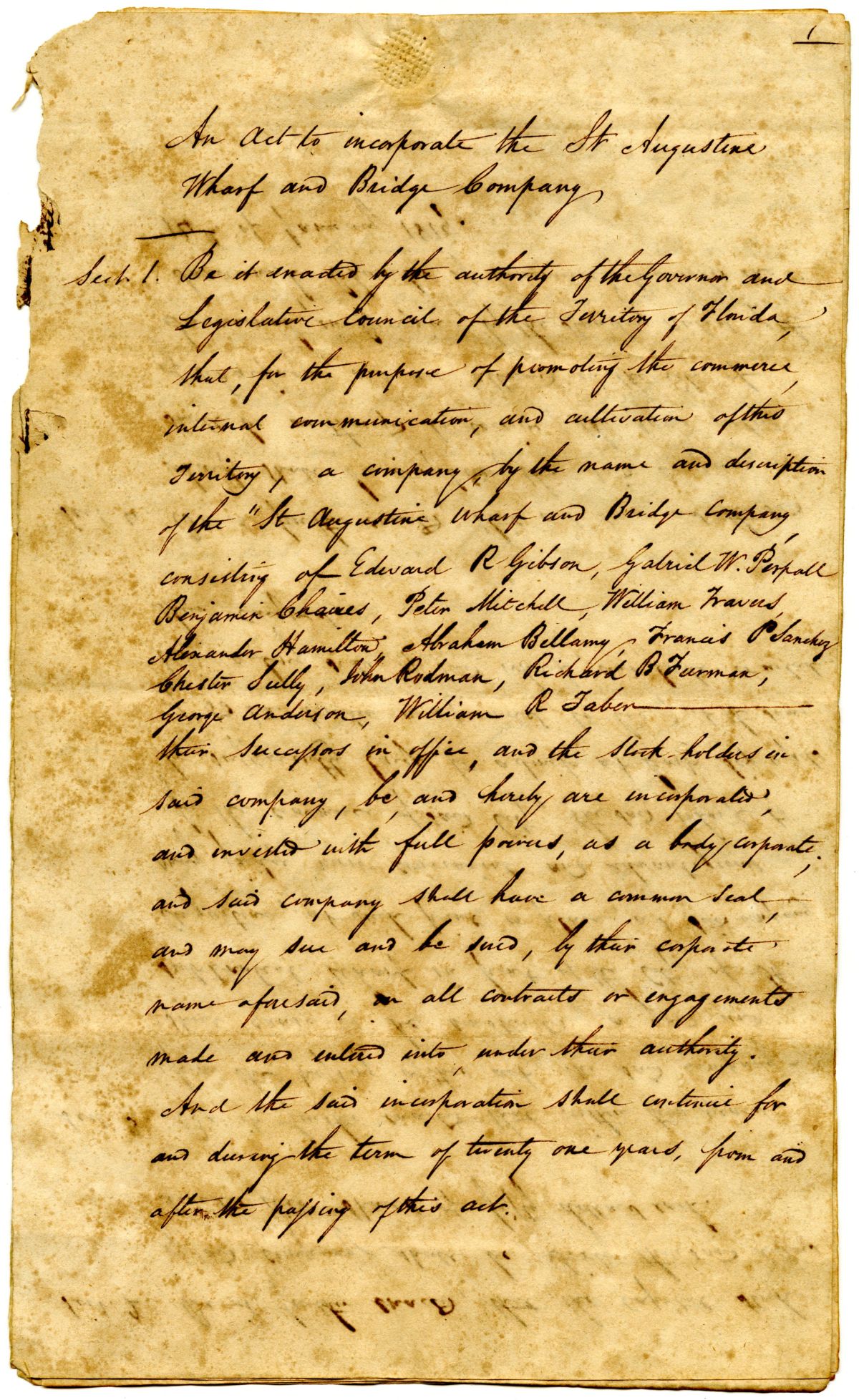 Draft of an Act to Incorporate the Saint Augustine Wharf and Bridge Company, 1835