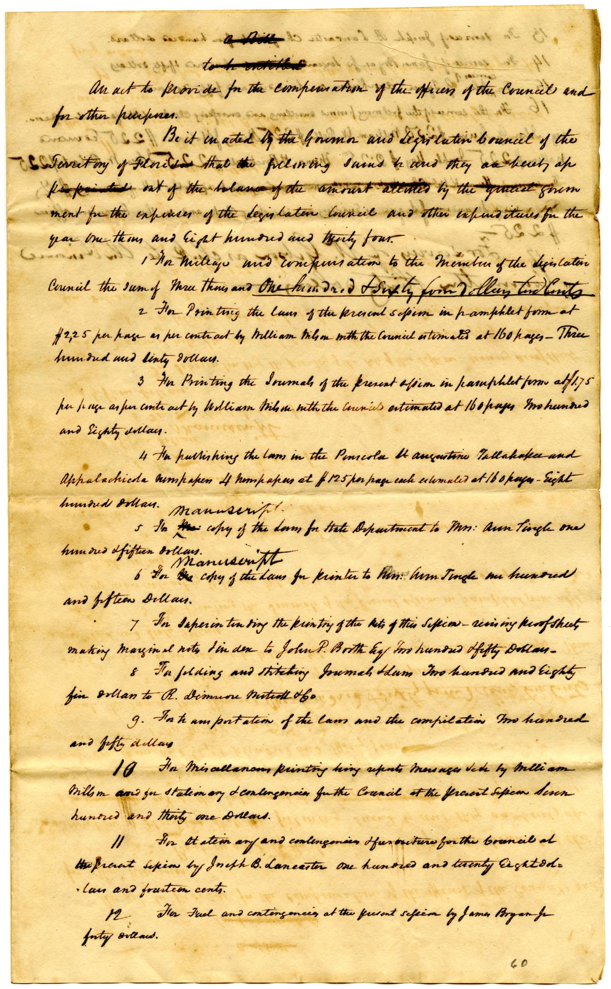 Draft of an Act to Provide Compensation for the Officers of the Territorial Legislative Council, 1834