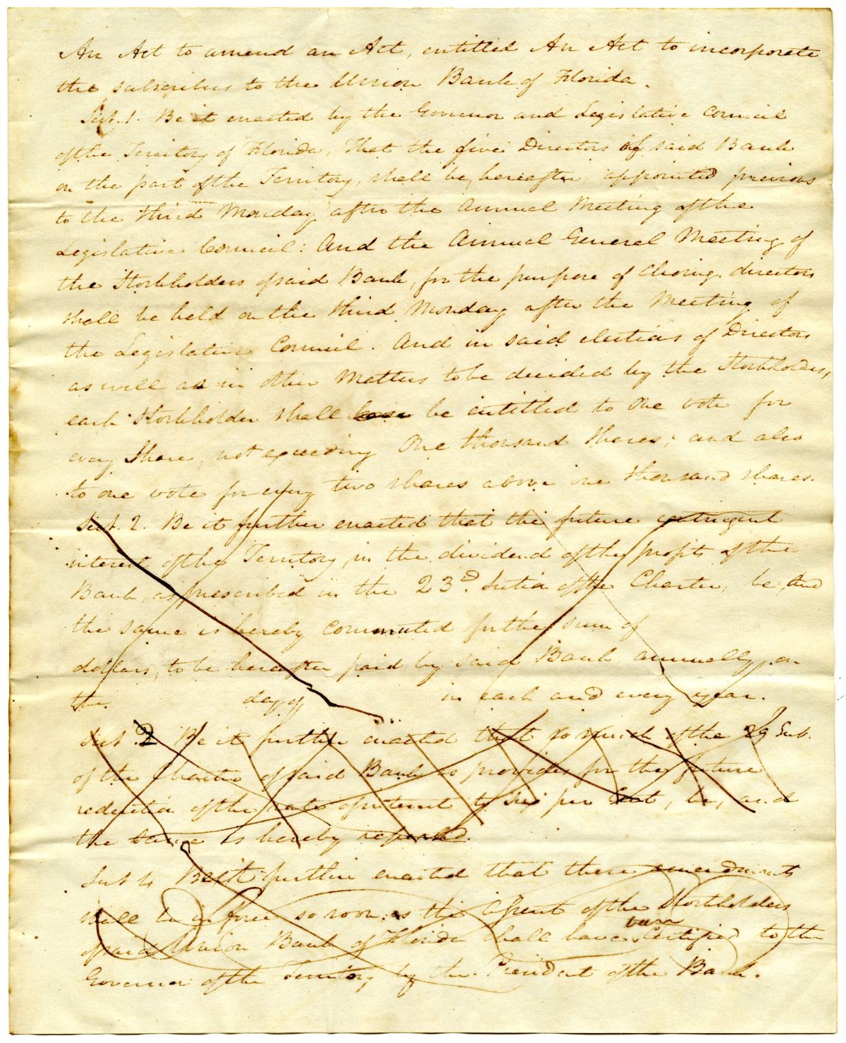 Draft of an Act to Amend an Act Entitled an Act to Incorporate the Subscribers to the Union Bank of Florida, 1835