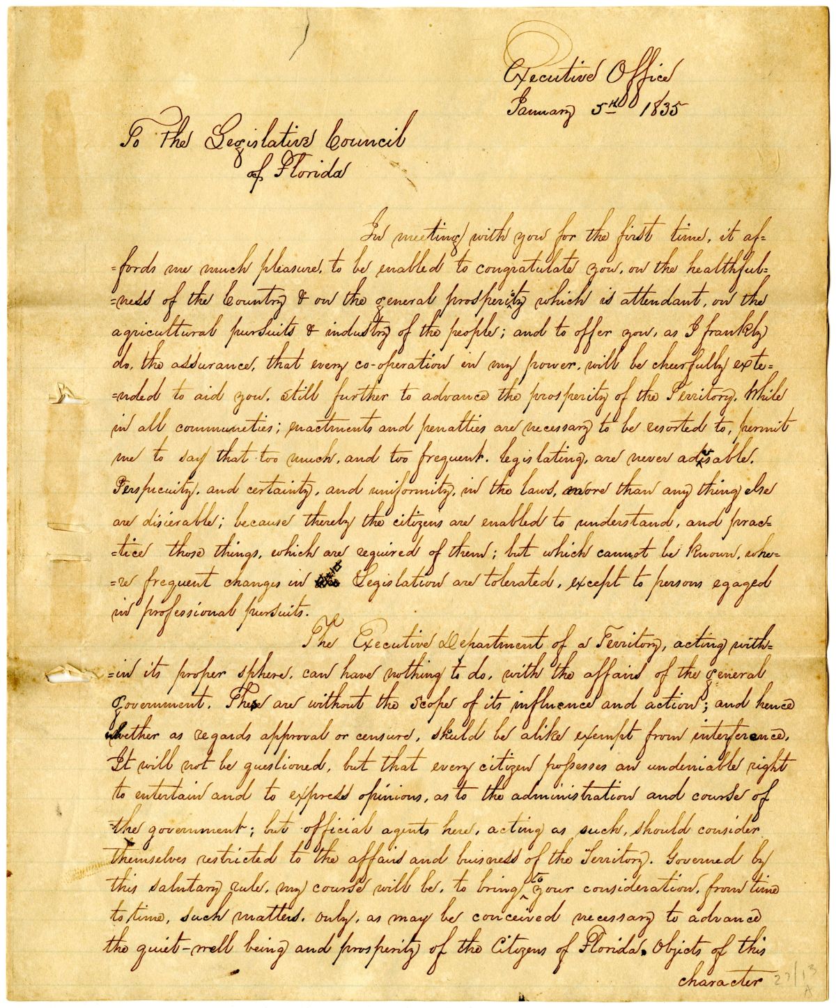 Message from Governor John Eaton to the Territorial Legislative Council, 1835