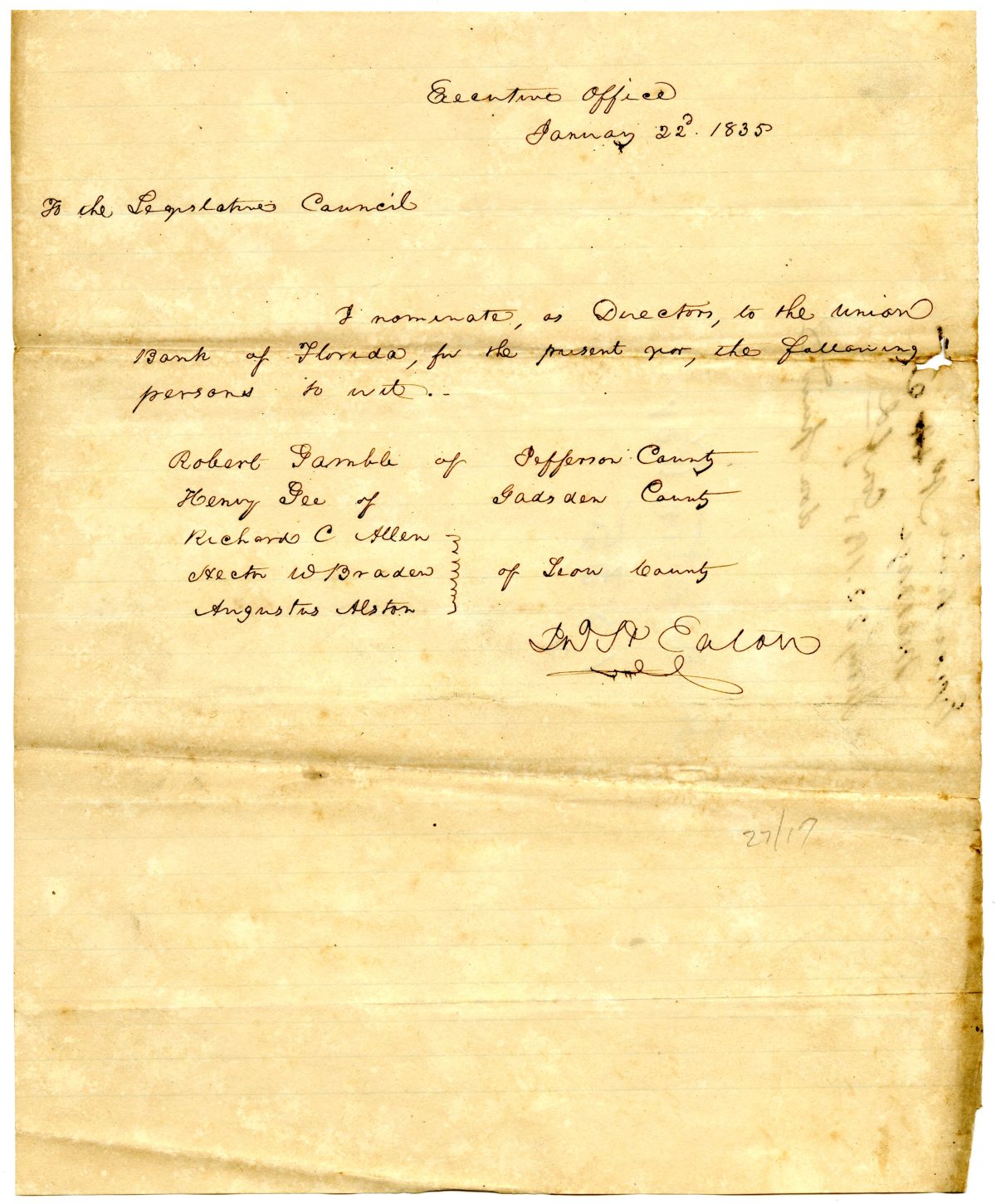 Letter from Governor John Eaton to the Territorial Legislative Council Nominating Directors of the Union Bank, 1835