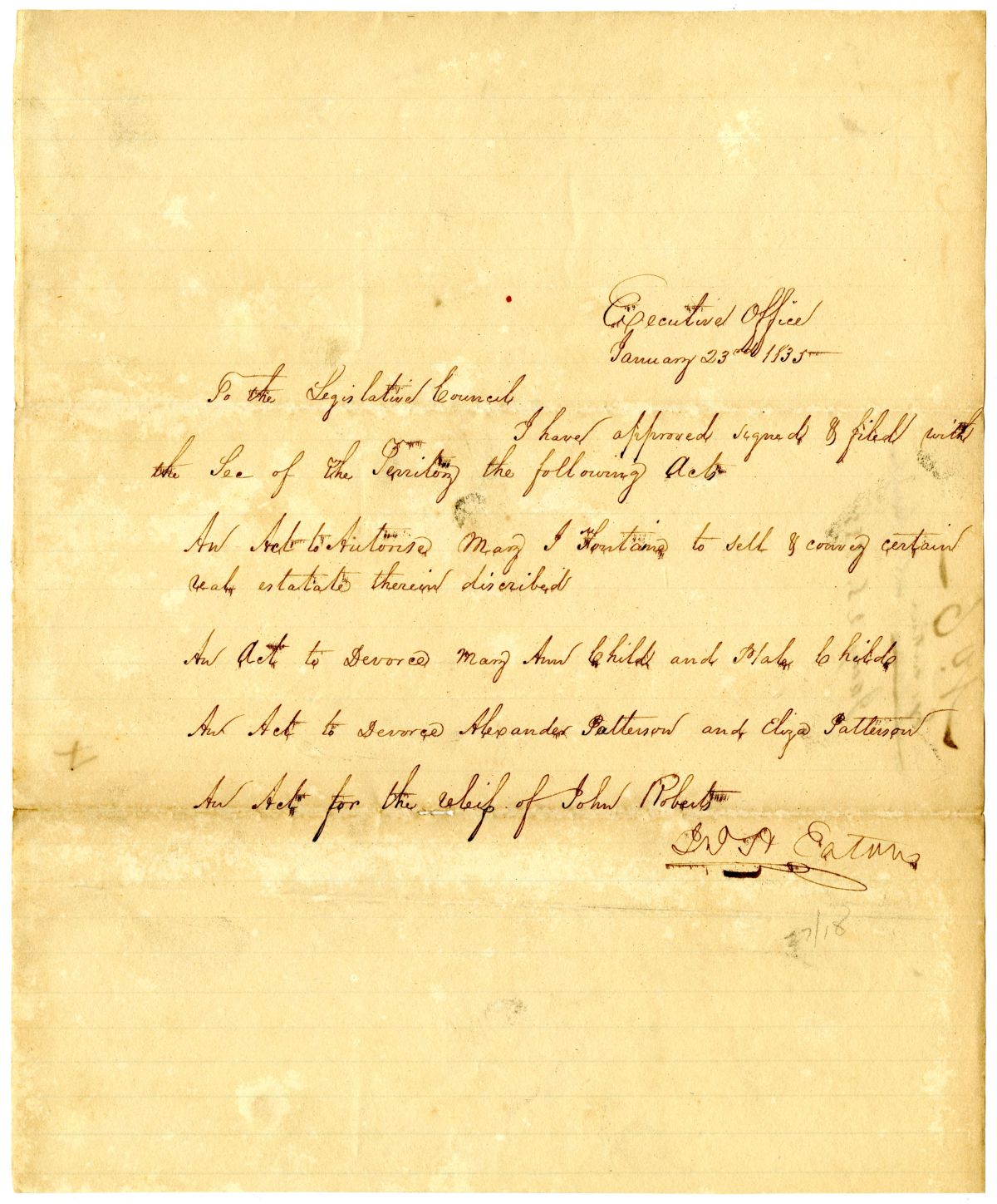 Letter from Governor John Eaton to the Territorial Legislative Council Concerning the Approval of Four Acts, 1835