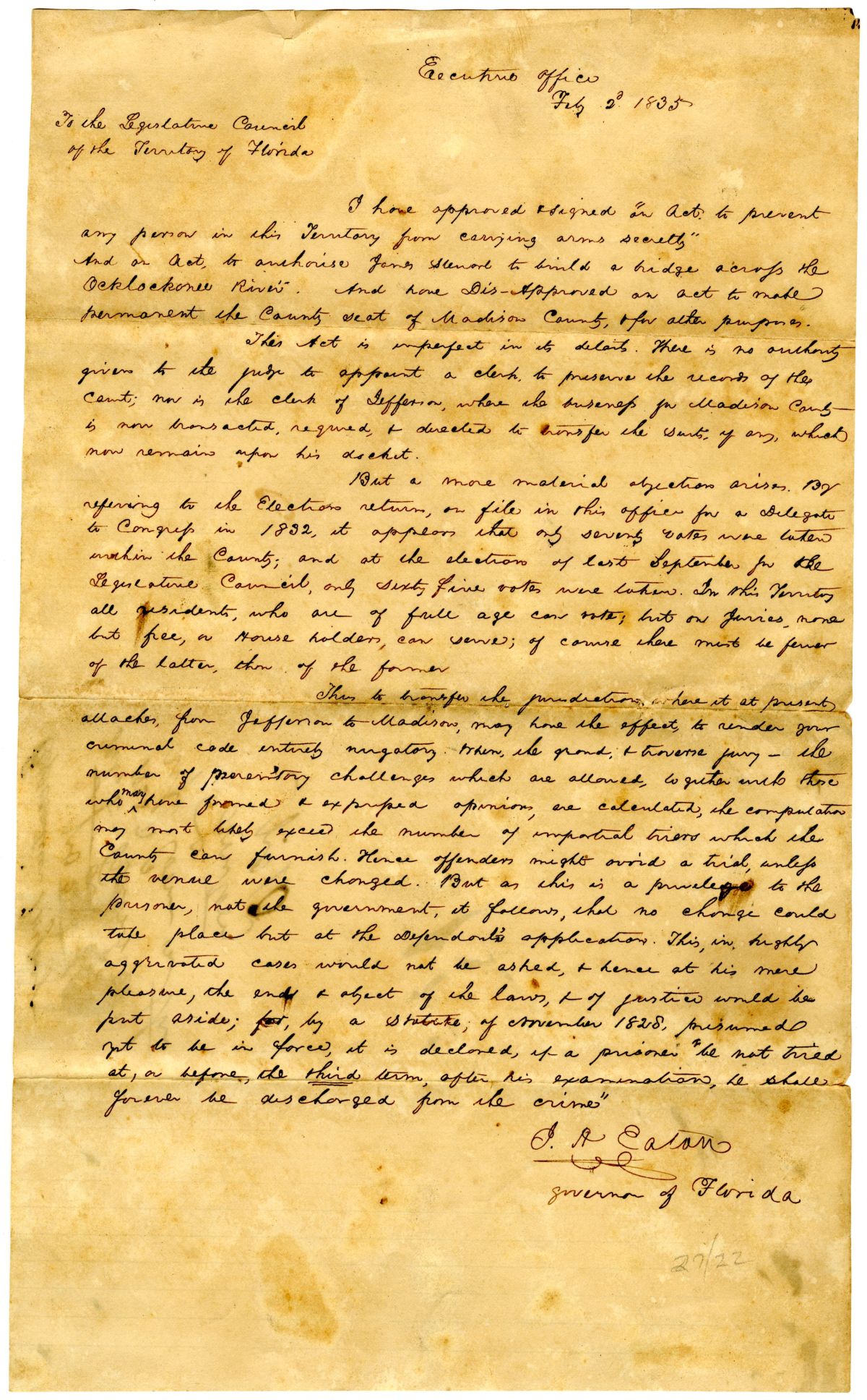 Letter from Governor John Eaton to the Territorial Legislative Council Concerning Two Approved Acts and a Vetoed Act, 1835