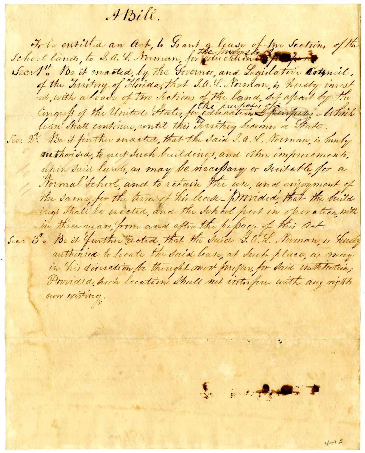 Draft of an Act to Lease Land to J. A. L. Norman to Build a Normal School, 1836