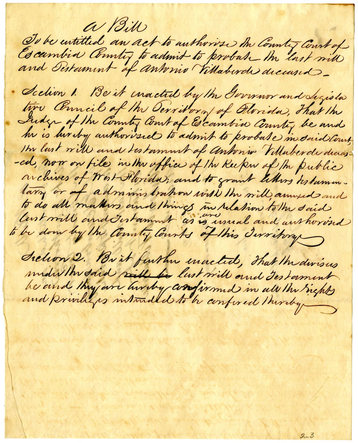 Draft of an Act to Admit to Probate the Last Will and Testament of Antonio Villaverde, 1836