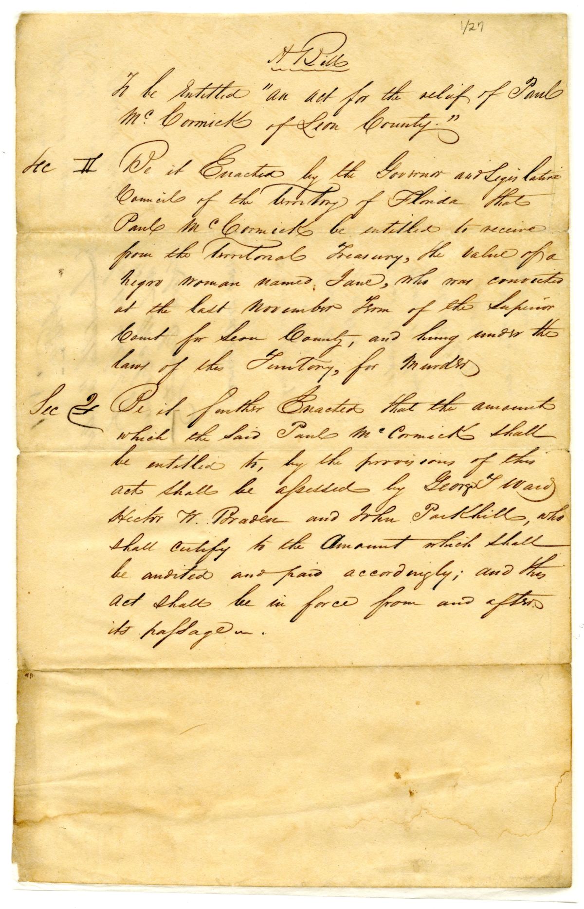 Draft of an Act for the Relief of Paul McCormick of Leon County, 1836