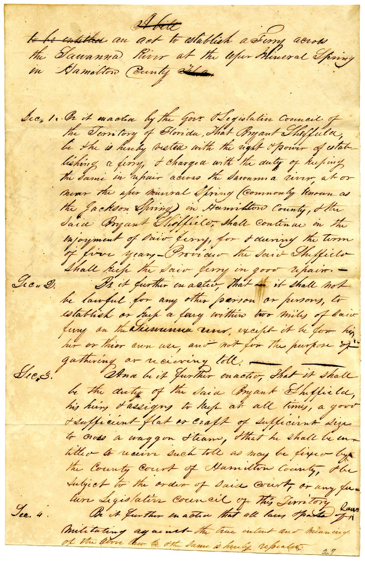 Draft of an Act to Establish a Ferry Across the Suwannee River at the Upper Mineral Spring, 1837