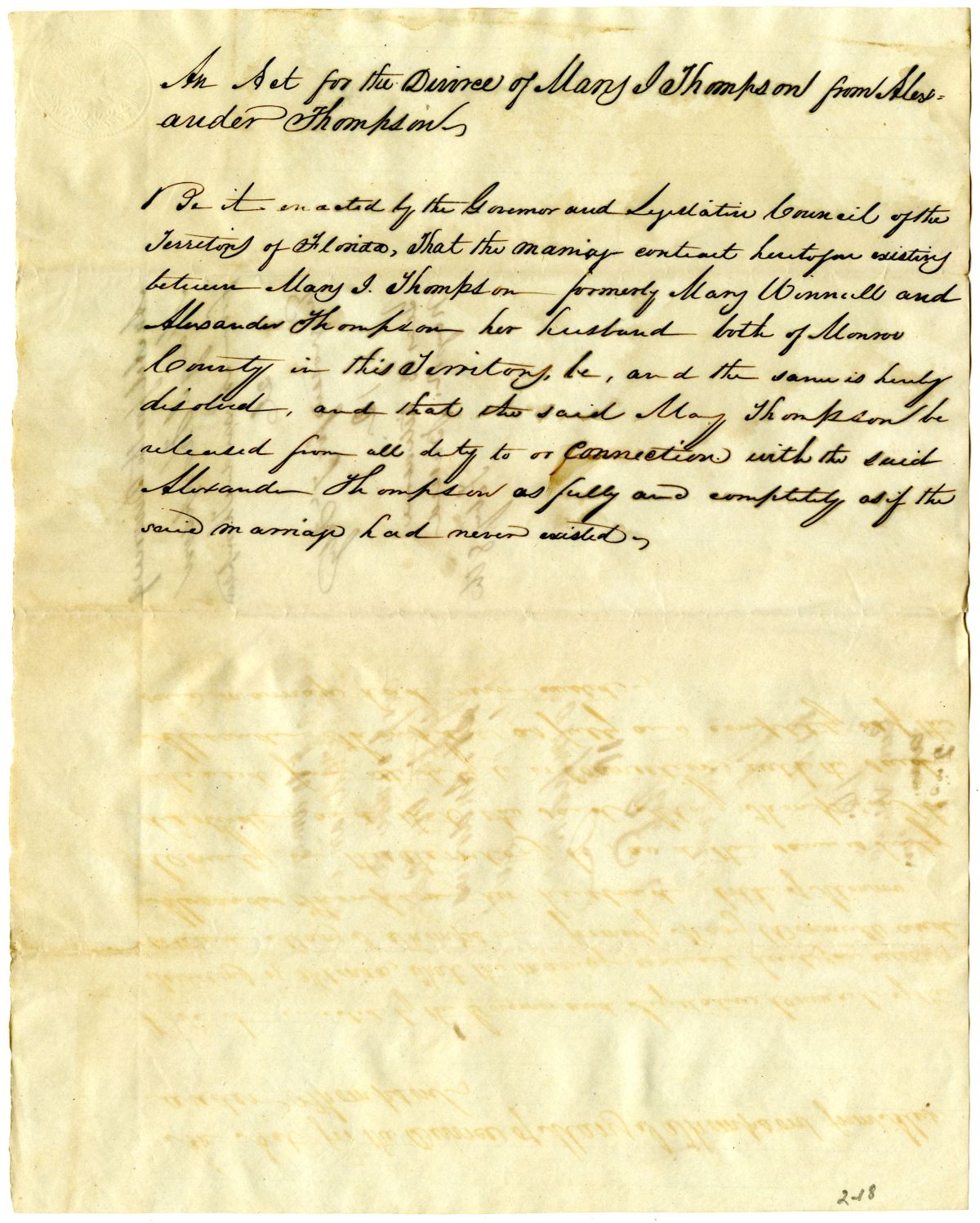 Draft of an Act for the Divorce of Mary J. Thompson from Alexander Thompson, circa 1836