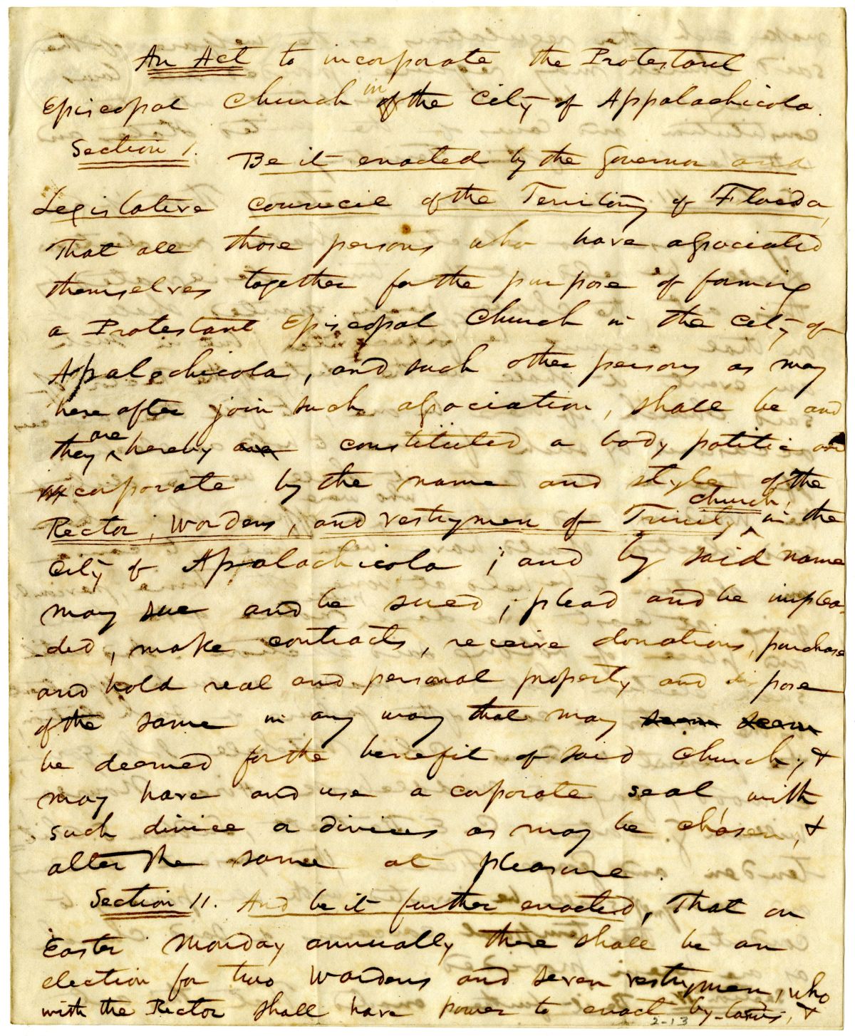 Draft of an Act to Incorporate the Protestant Episcopal Church of the City of Apalachicola, 1837