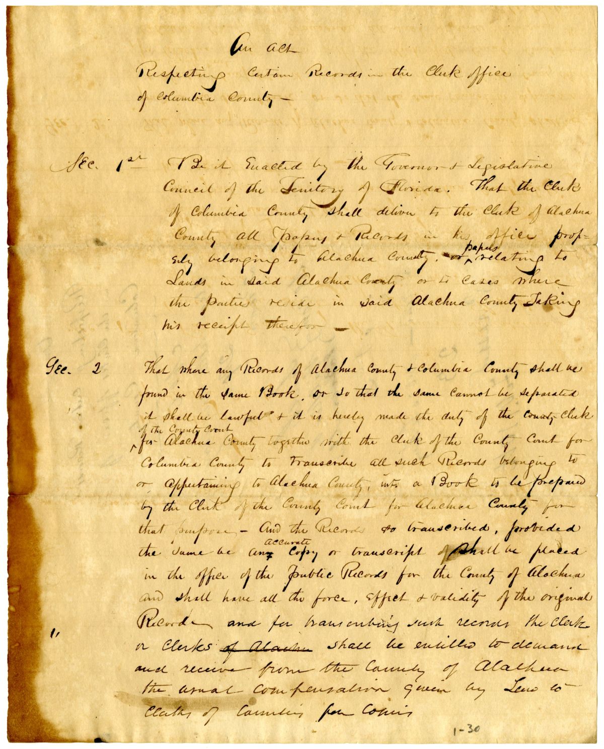 Draft of an Act Respecting Certain Records in the Clerk's Office of Columbia County, 1836