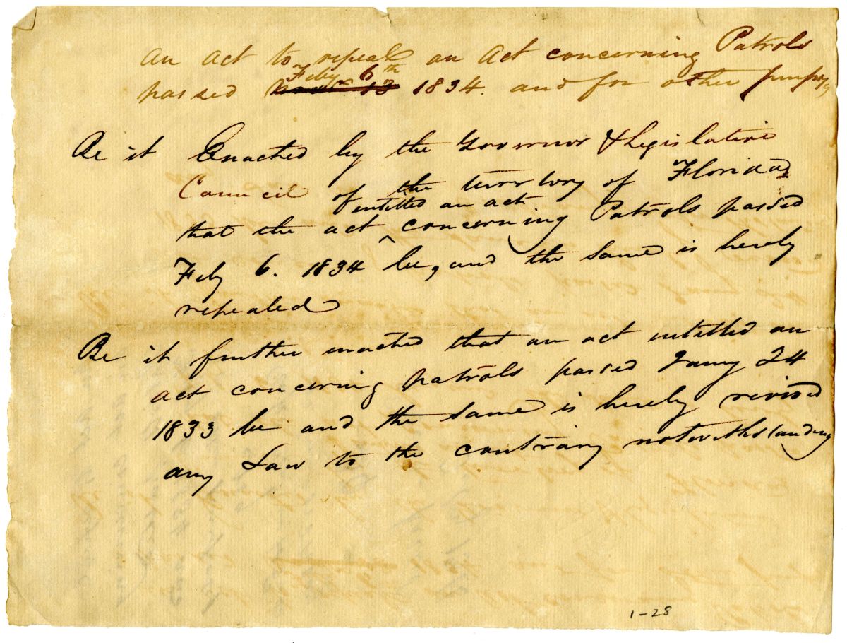 Draft of an Act to Repeal an Act Concerning Patrols, 1836