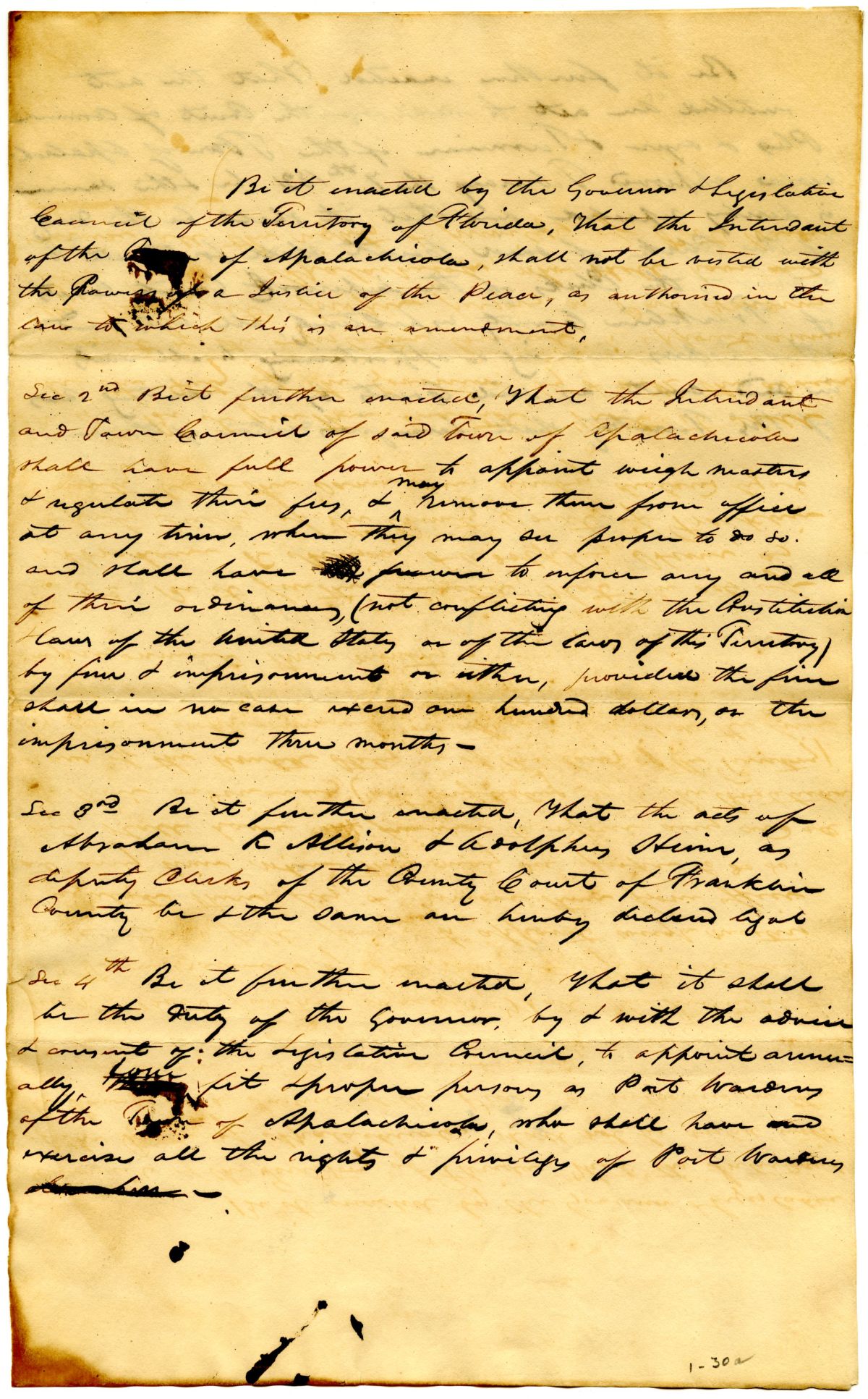 Draft of an Act to Amend the Several Acts Incorporating the Town of Apalachicola, 1833