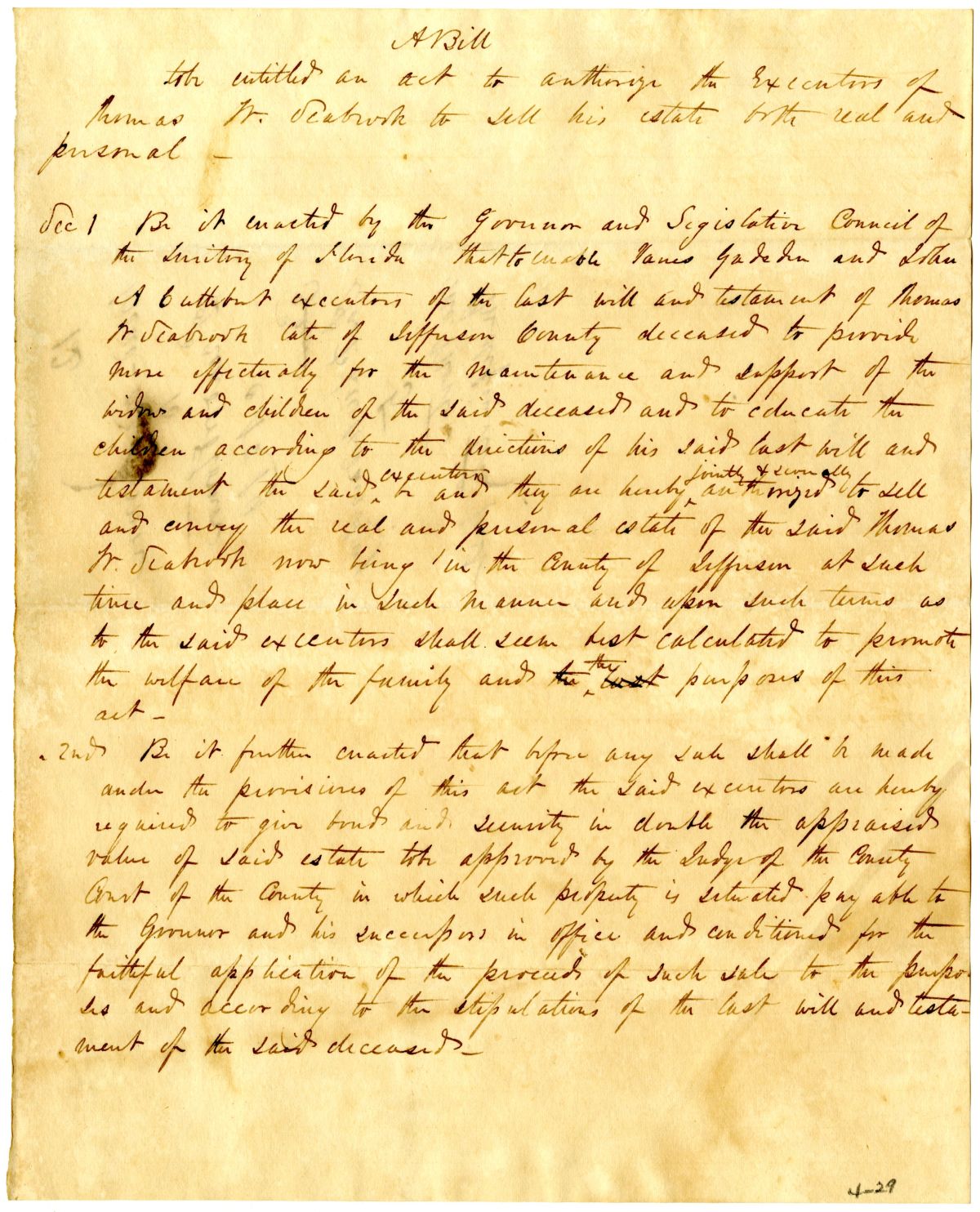 Draft of an Act to Authorize the Executors of Thomas W. Seabrook to Sell His Estate, circa 1836