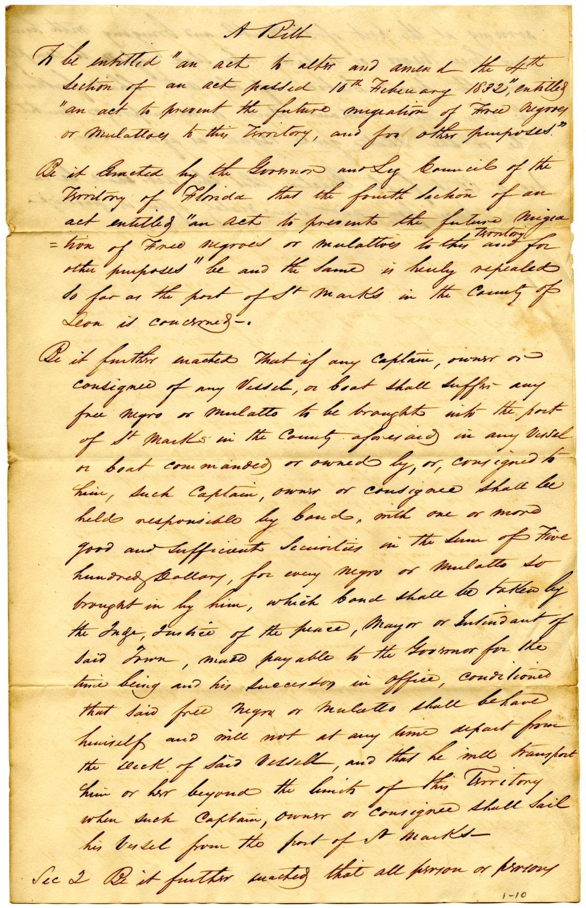 Draft of an Act to Amend an Act to Prevent the Future Migration of Free People of Color or People of Mixed European and African Ancestry to Florida, circa 1836