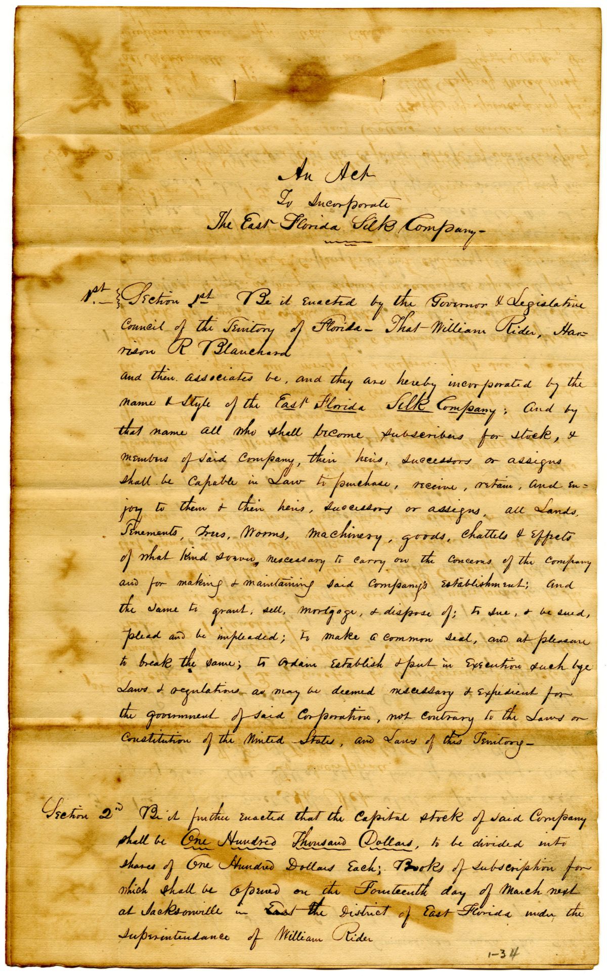 Draft of an Act to Incorporate the East Florida Silk Company, circa 1836