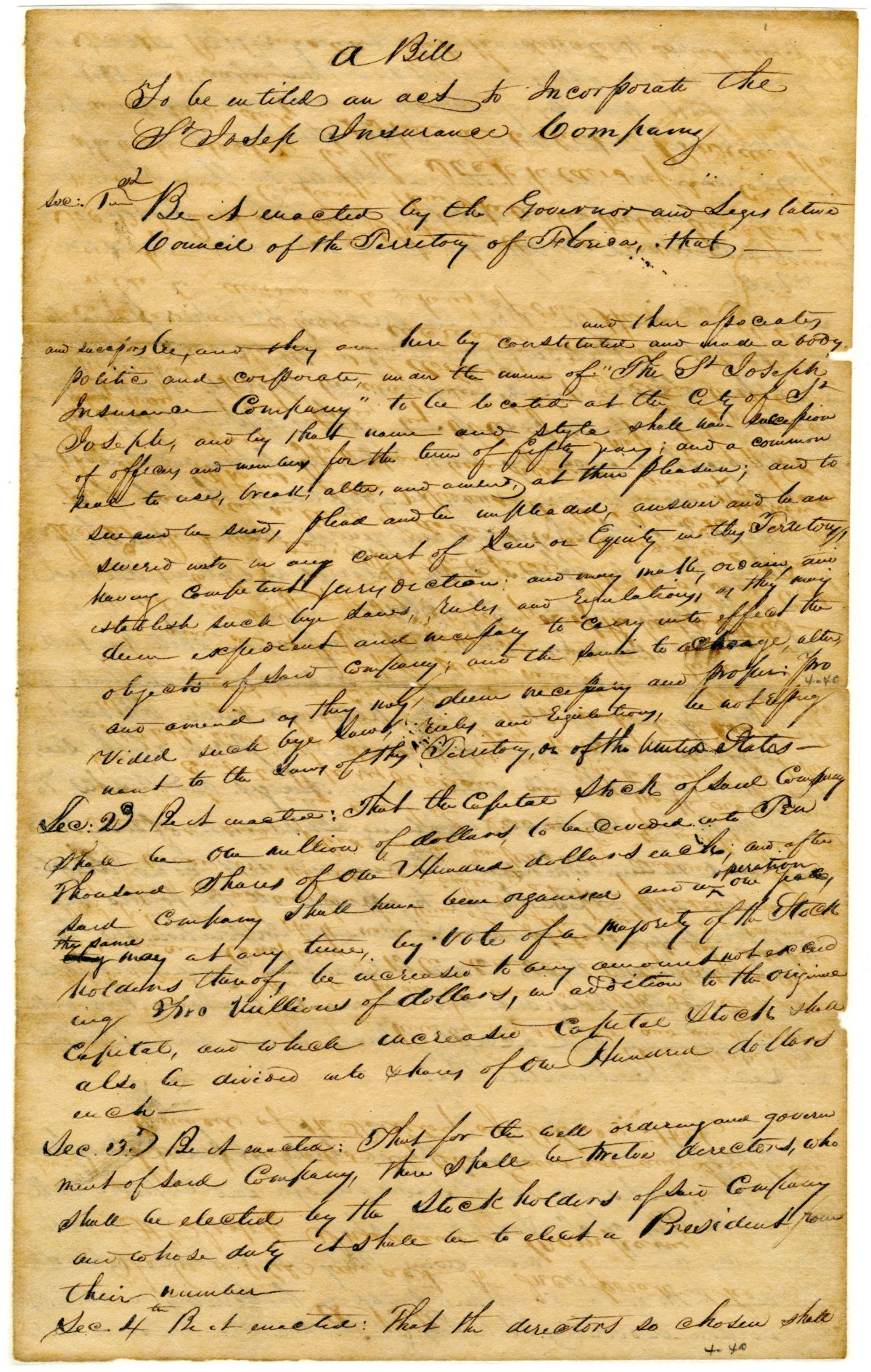 Draft of an Act to Incorporate the Saint Joseph Insurance Company, 1836