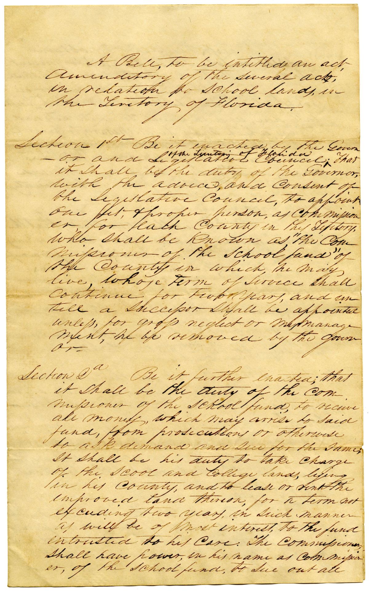 Draft of an Act Amendatory to the Several Acts in Relation to School Lands in the Territory of Florida, 1836