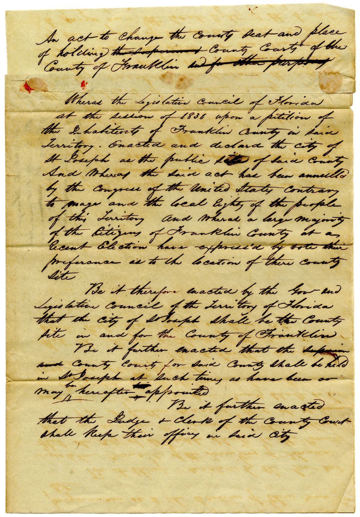 Draft of an Act to Change the County Seat and Place of Holding County Courts of the County of Franklin, 1837