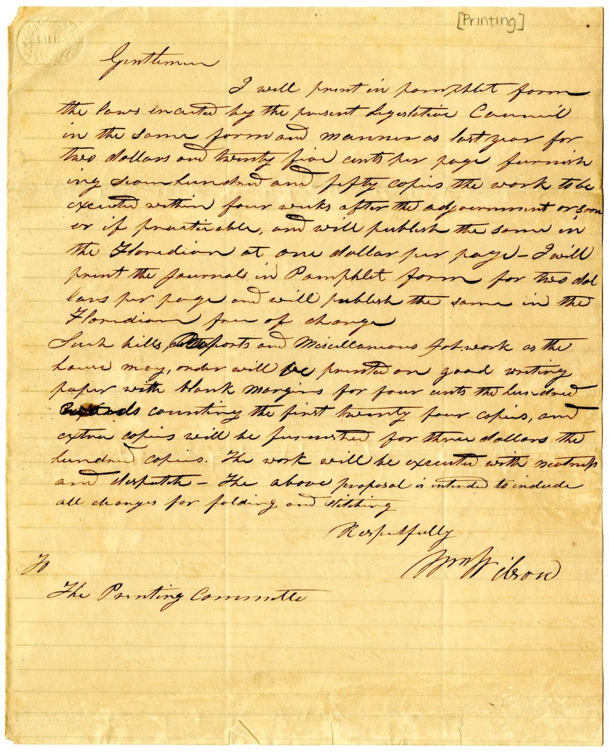 Letter from Printer William Wilson to the Committee on Printing, circa 1836