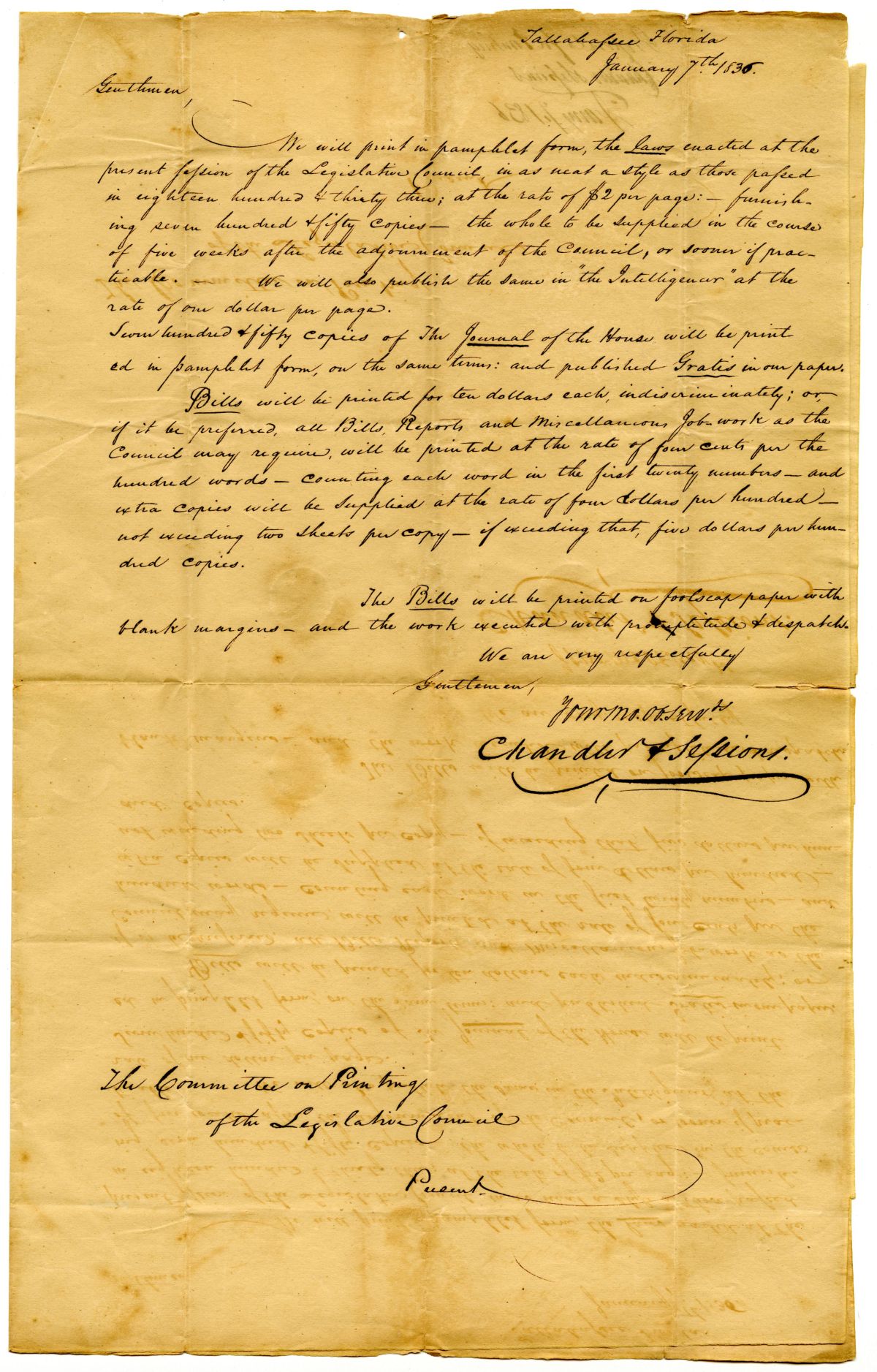 Letter from Printer Chandler F. Sessions to the Committee on Printing, 1836