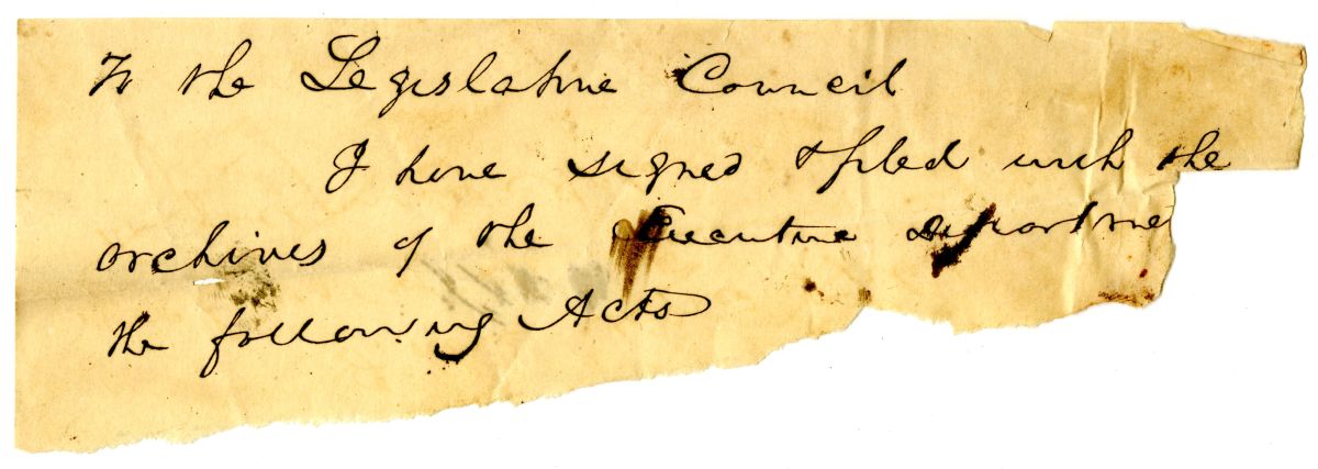 Letter from Governor John Eaton to the Territorial Legislative Council Providing a List of Signed Bills, circa 1836