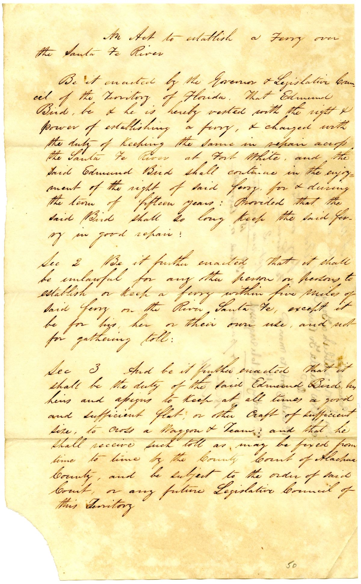 Draft of an Act to Establish a Ferry over the Santa Fe River, 1838