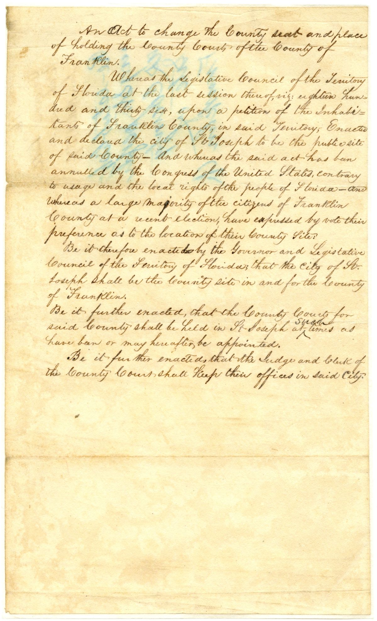 Draft of an Act to Change the County Seat and Place of Holding County Courts of the County of Franklin, 1837