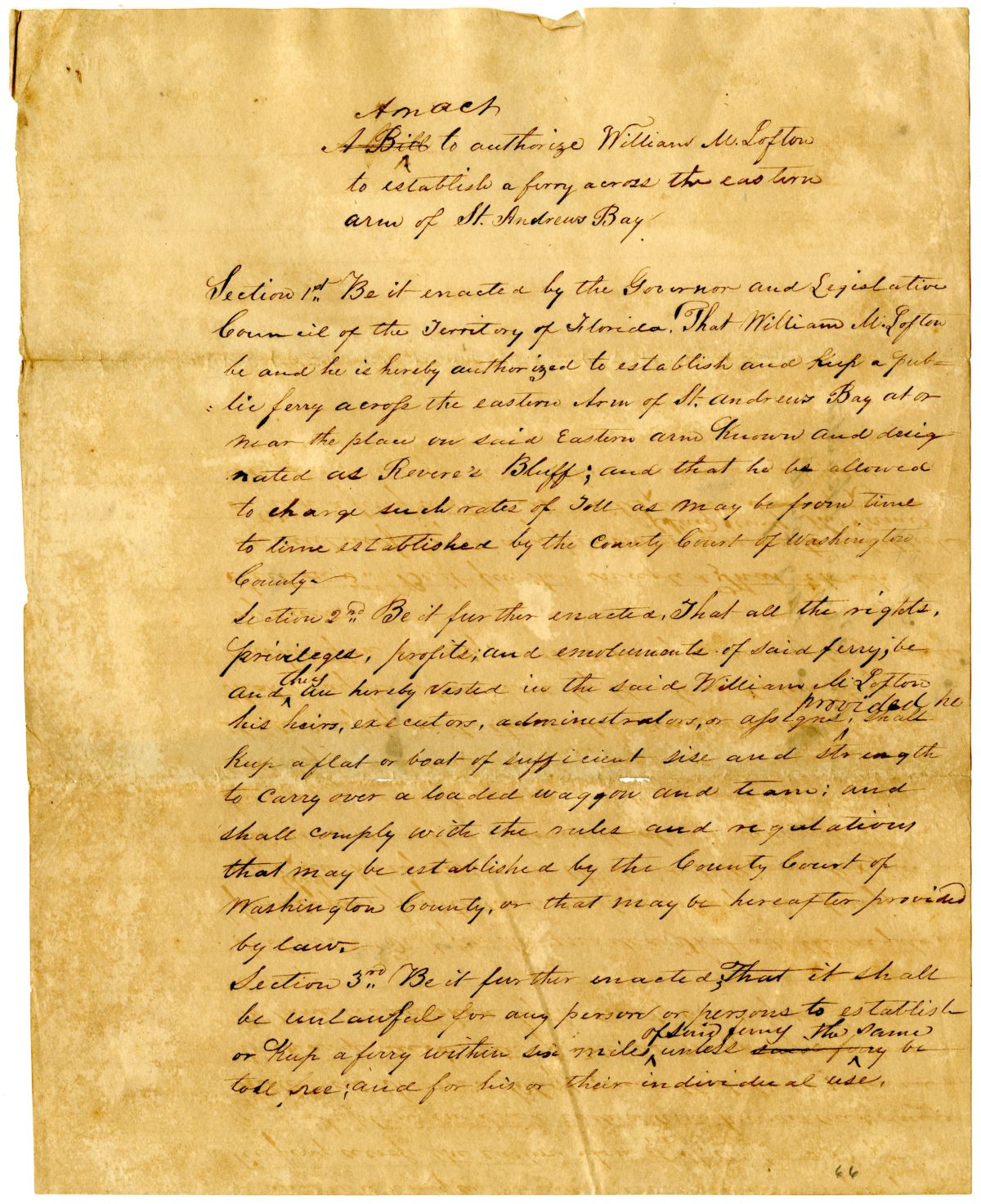 Draft of an Act to Authorize William M. Lofton to Establish a Ferry Across the Eastern Arm of Saint Andrews Bay, 1836