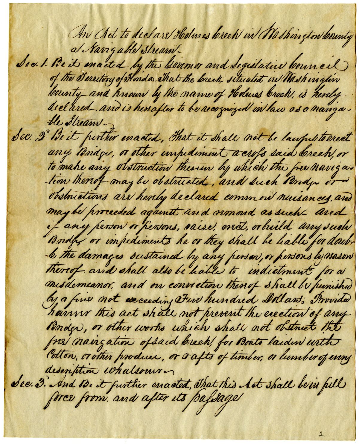 Draft of an Act to Declare Holmes Creek in Washington County a Navigable Stream, 1837